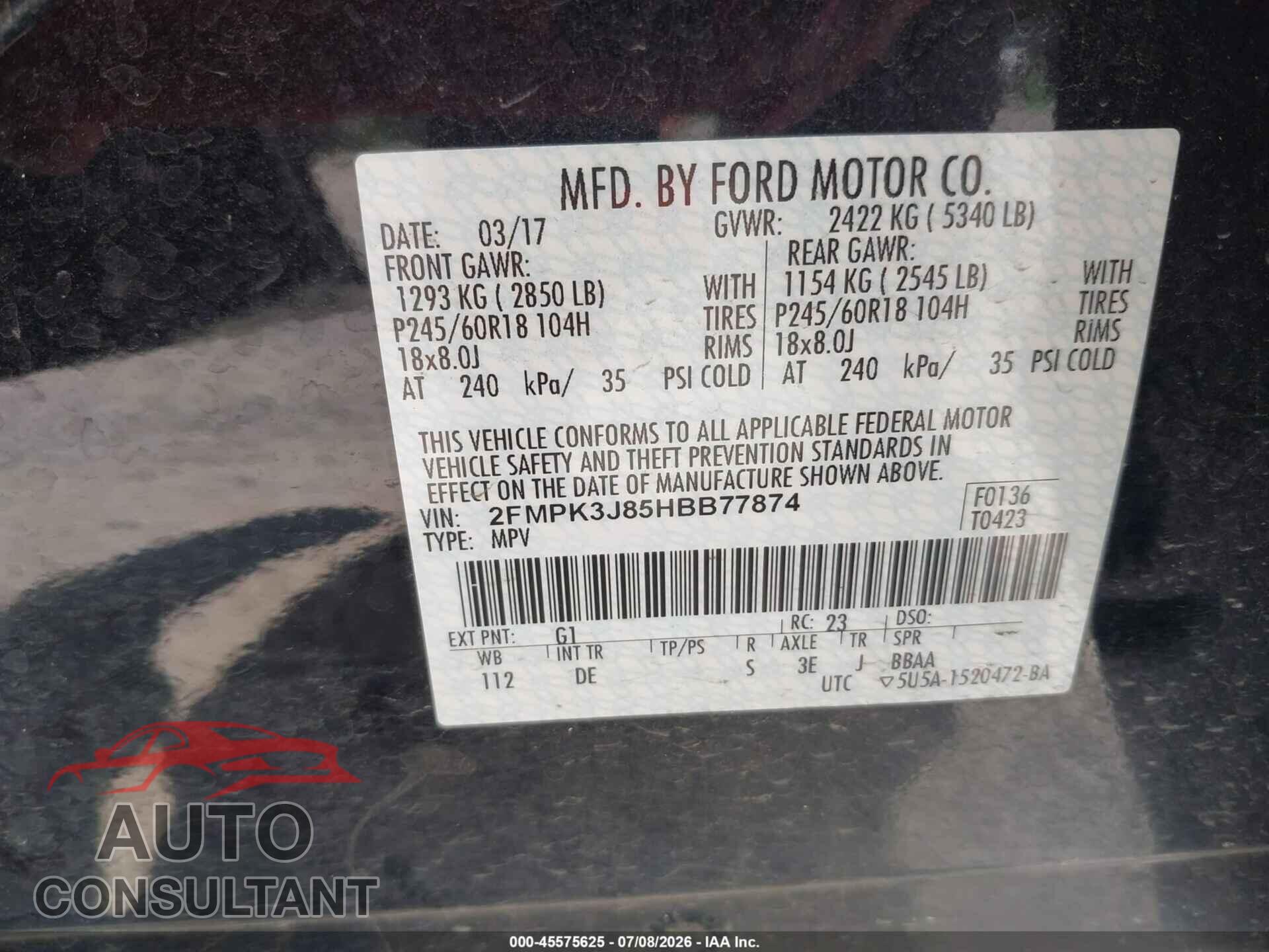 FORD EDGE 2017 - 2FMPK3J85HBB77874