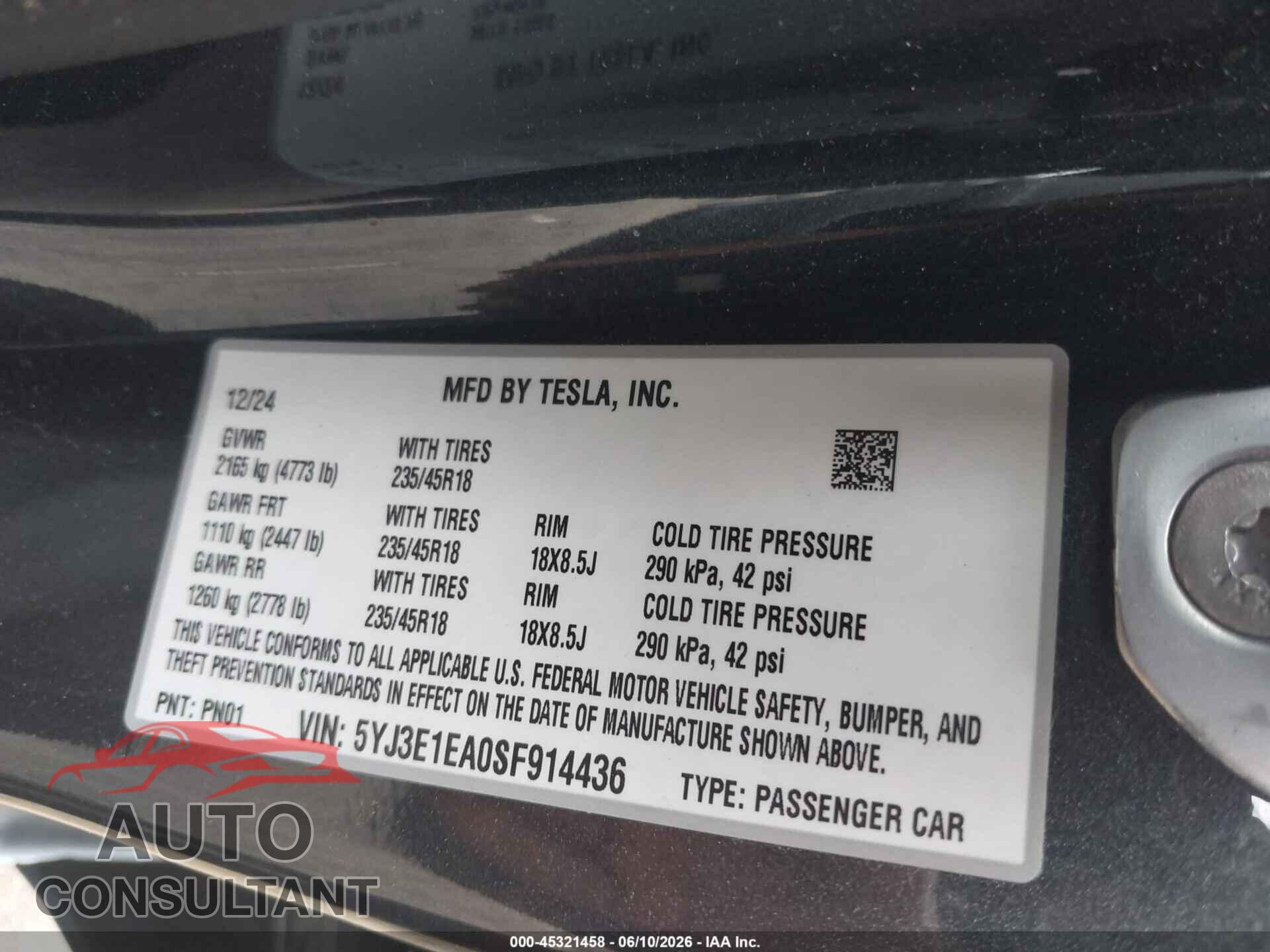 TESLA MODEL 3 2025 - 5YJ3E1EA0SF914436