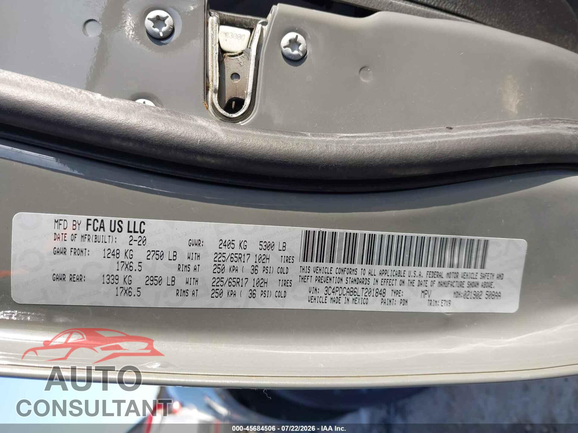 DODGE JOURNEY 2020 - 3C4PDCAB6LT201848