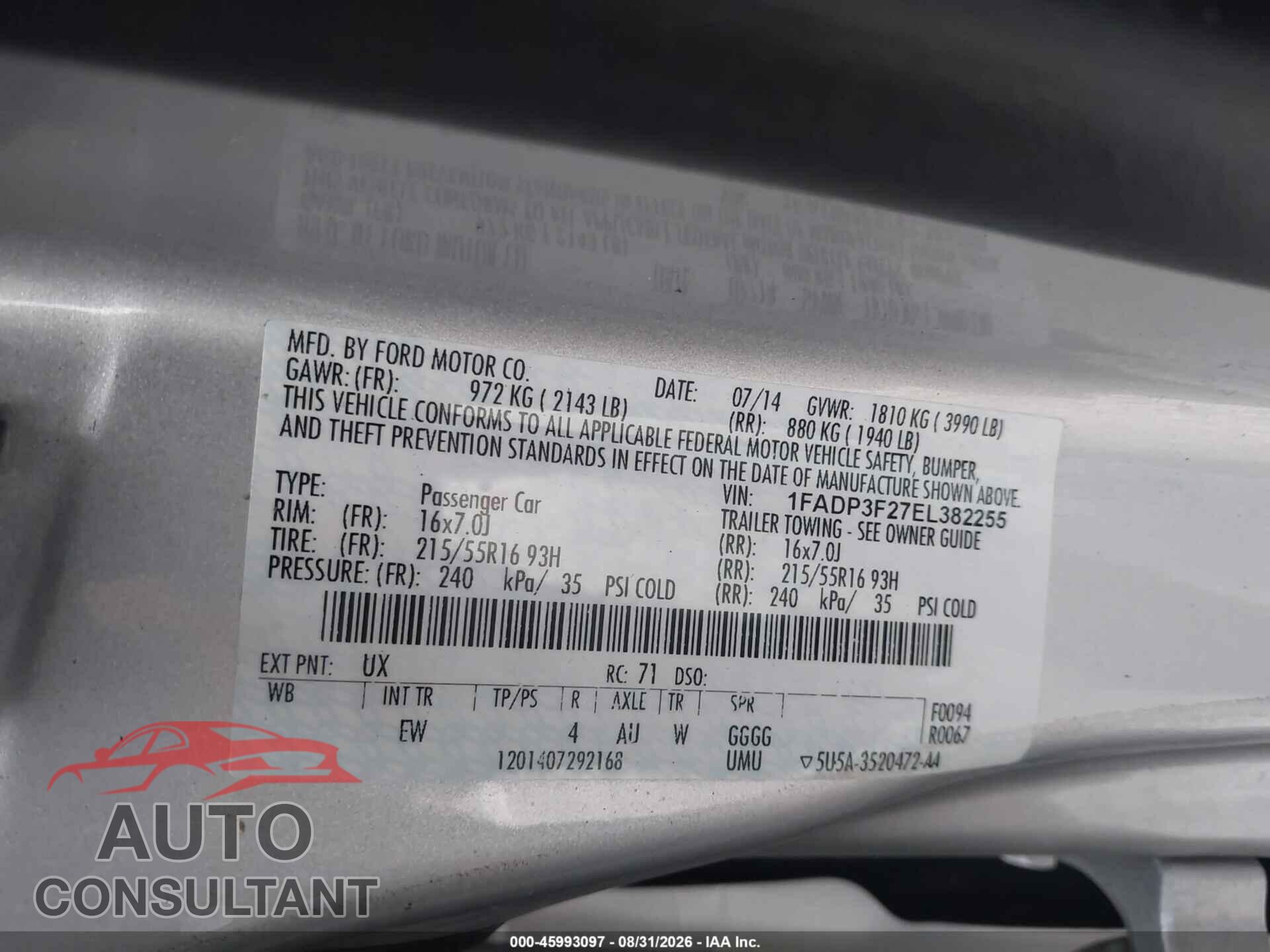 FORD FOCUS 2014 - 1FADP3F27EL382255
