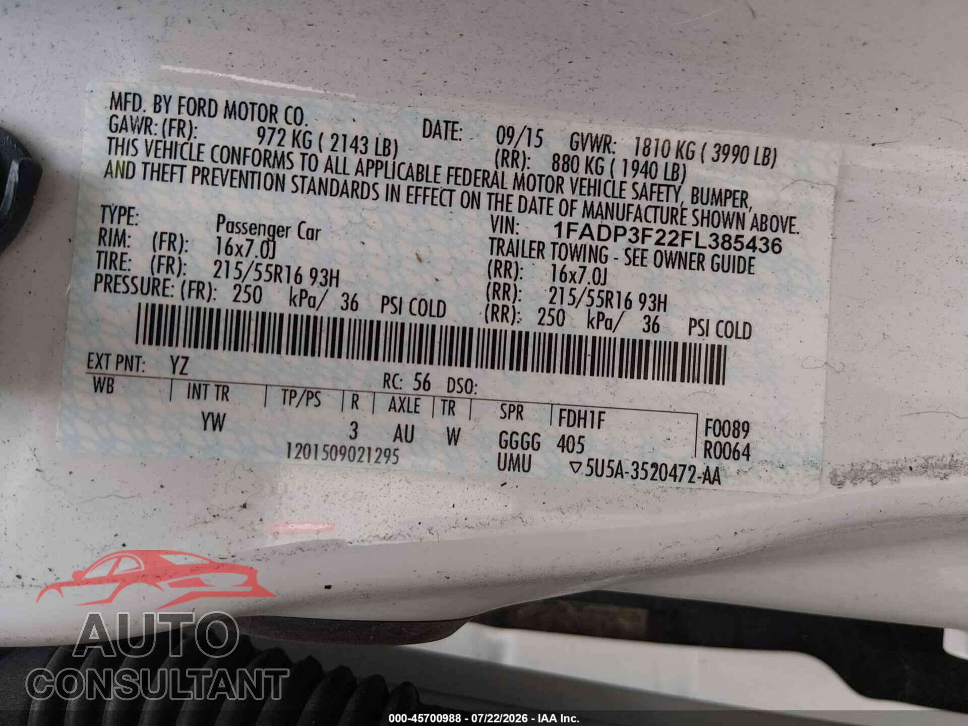 FORD FOCUS 2015 - 1FADP3F22FL385436