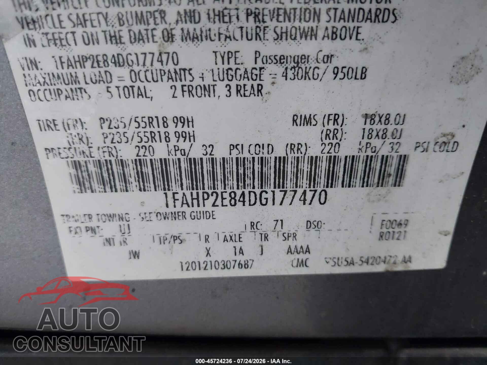 FORD TAURUS 2013 - 1FAHP2E84DG177470
