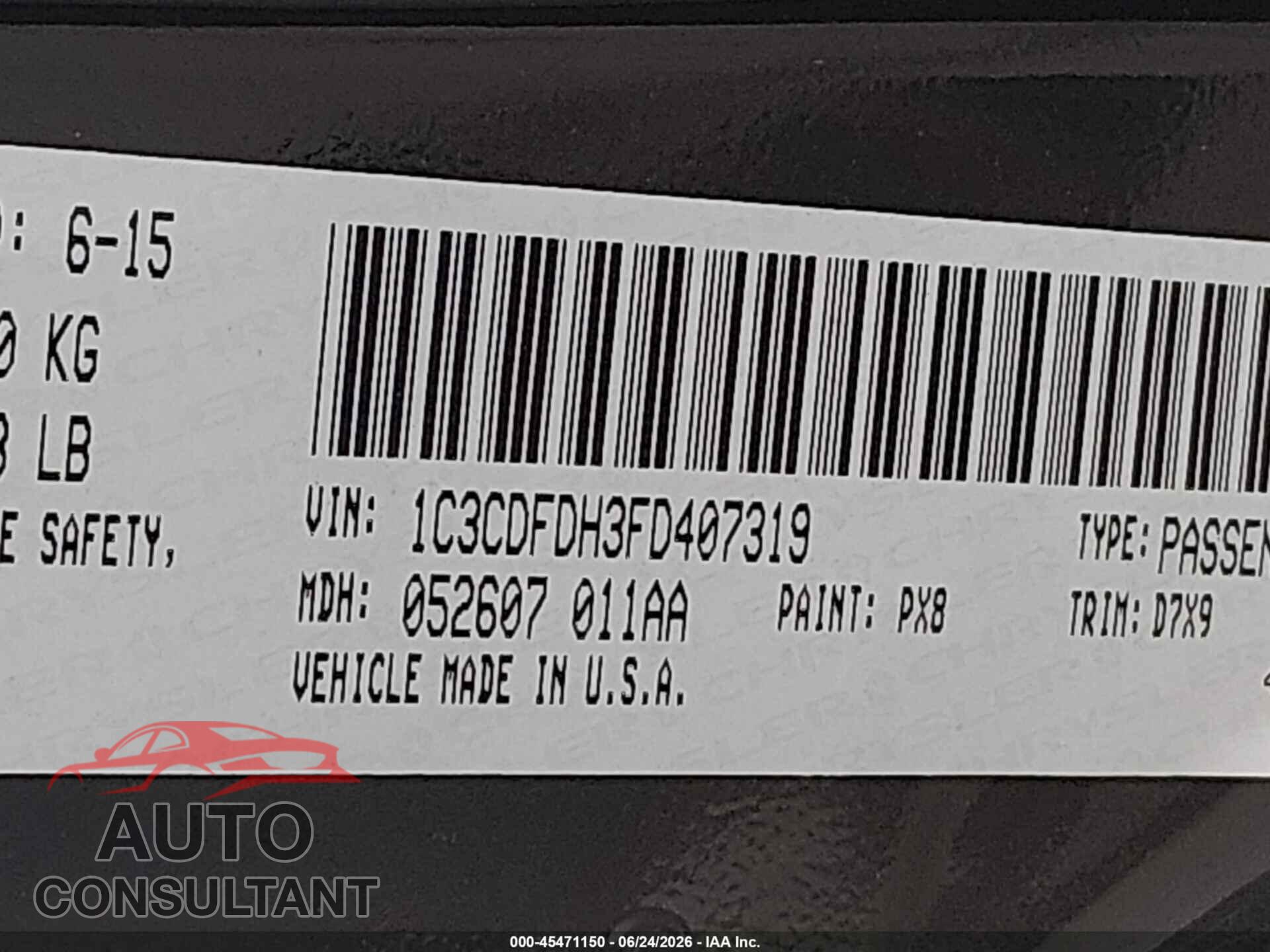 DODGE DART 2015 - 1C3CDFDH3FD407319
