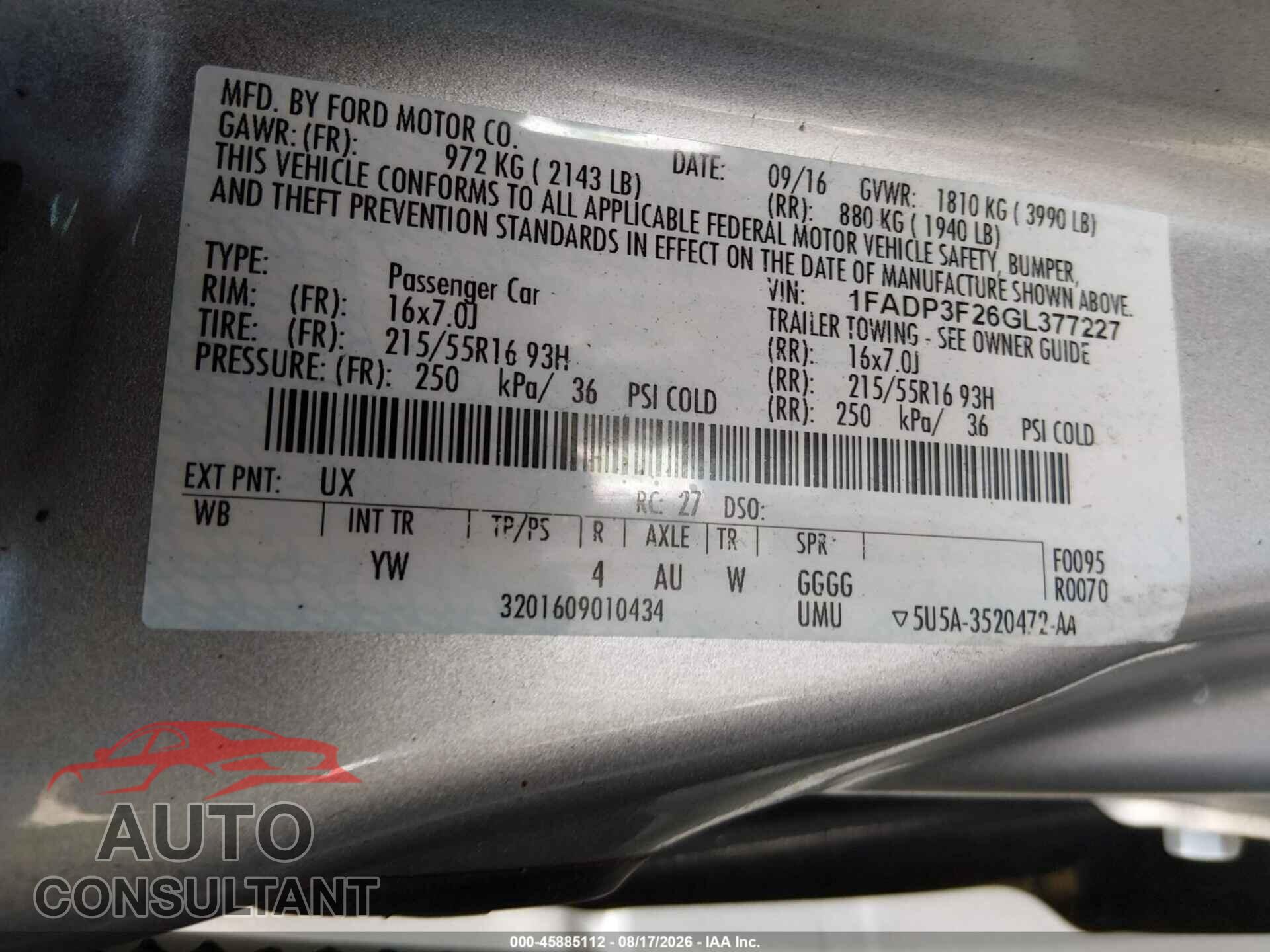 FORD FOCUS 2016 - 1FADP3F26GL377227