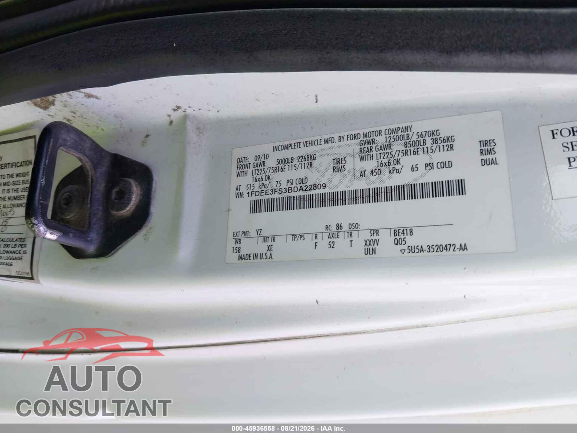 FORD E-350 CUTAWAY 2011 - 1FDEE3FS3BDA22809