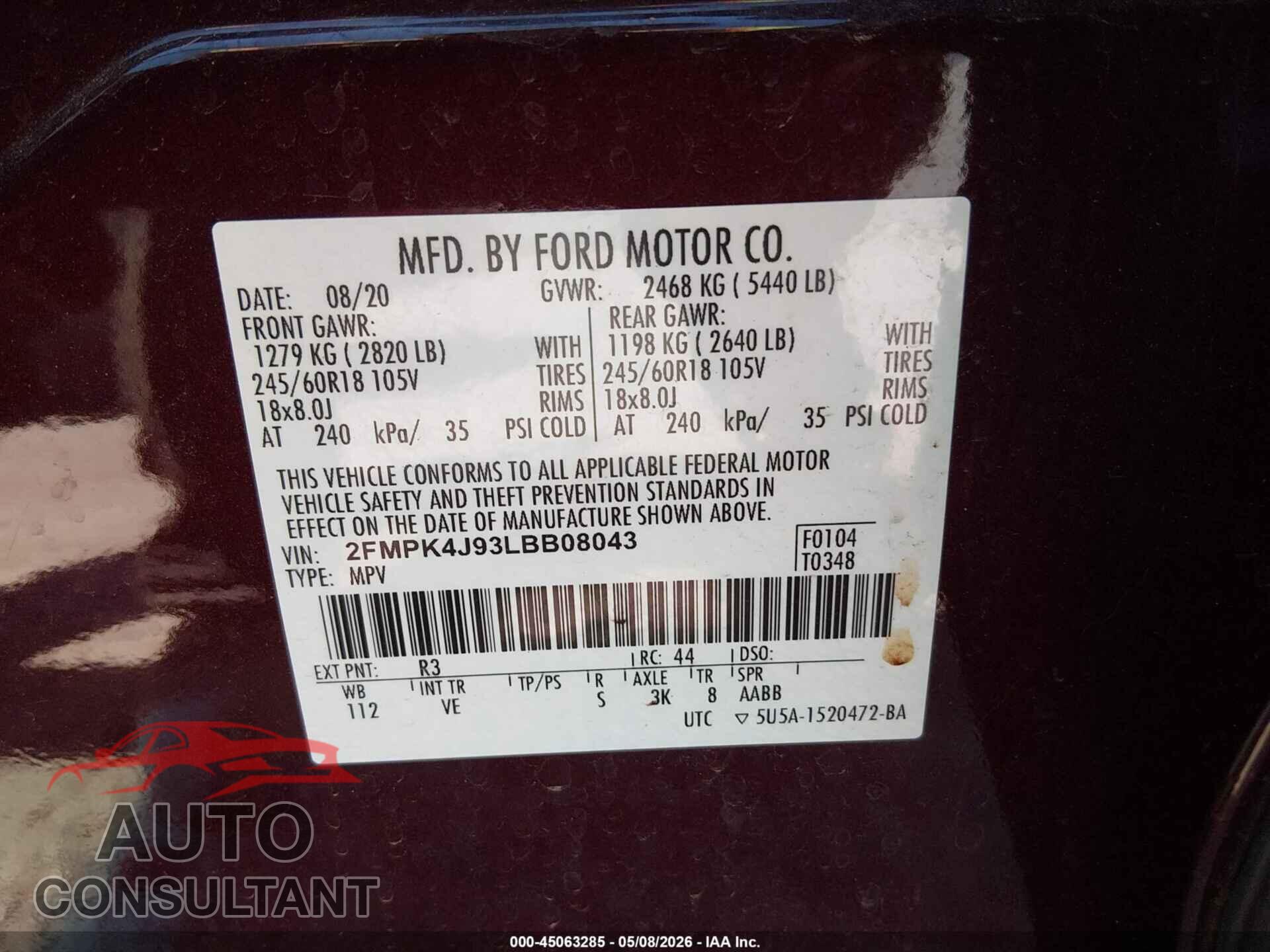 FORD EDGE 2020 - 2FMPK4J93LBB08043