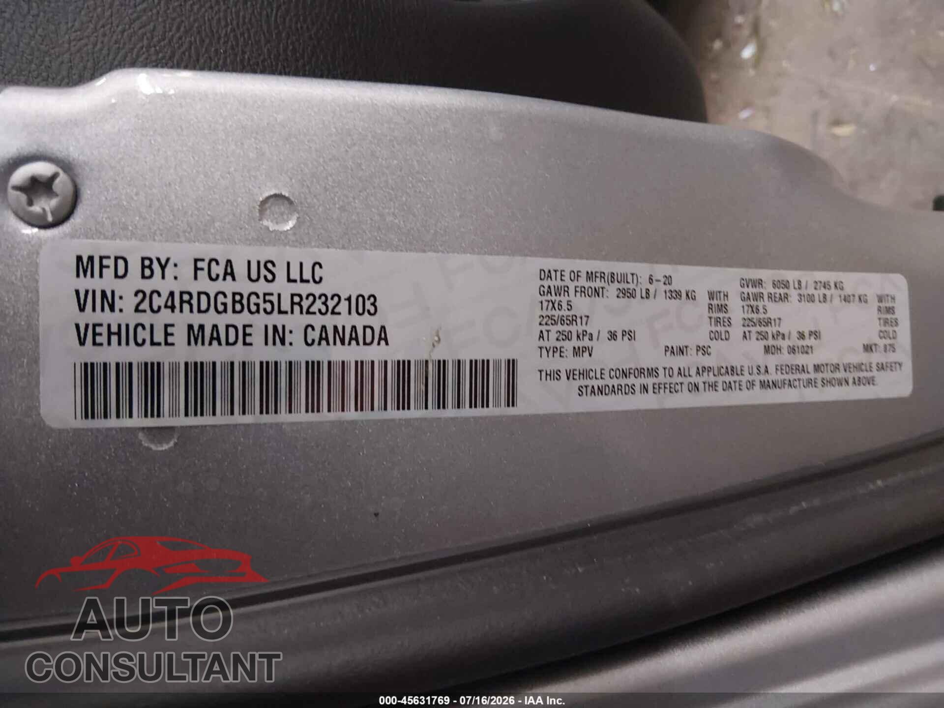 DODGE GRAND CARAVAN 2020 - 2C4RDGBG5LR232103