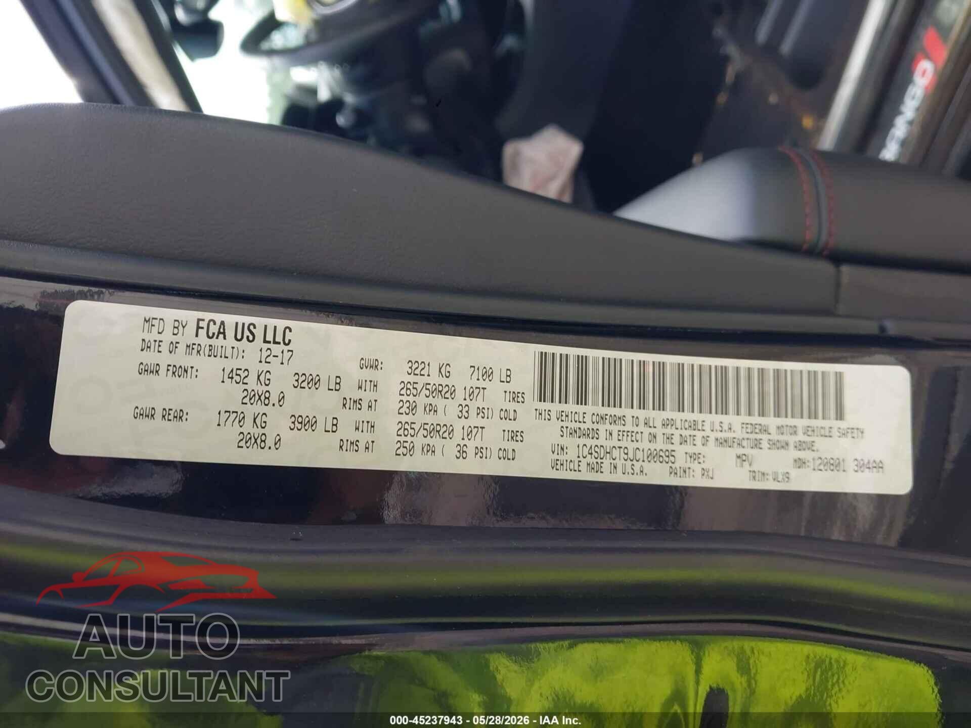 DODGE DURANGO 2018 - 1C4SDHCT9JC100695