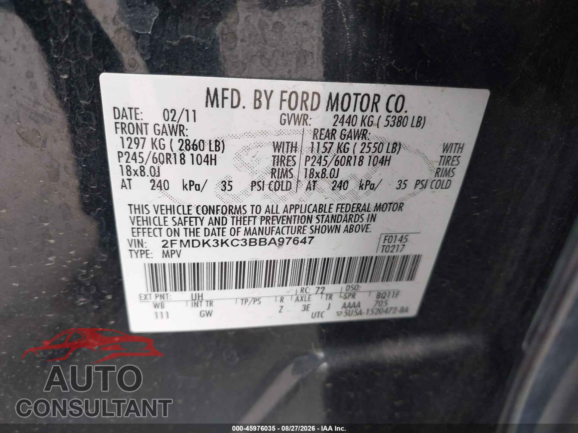 FORD EDGE 2011 - 2FMDK3KC3BBA97647