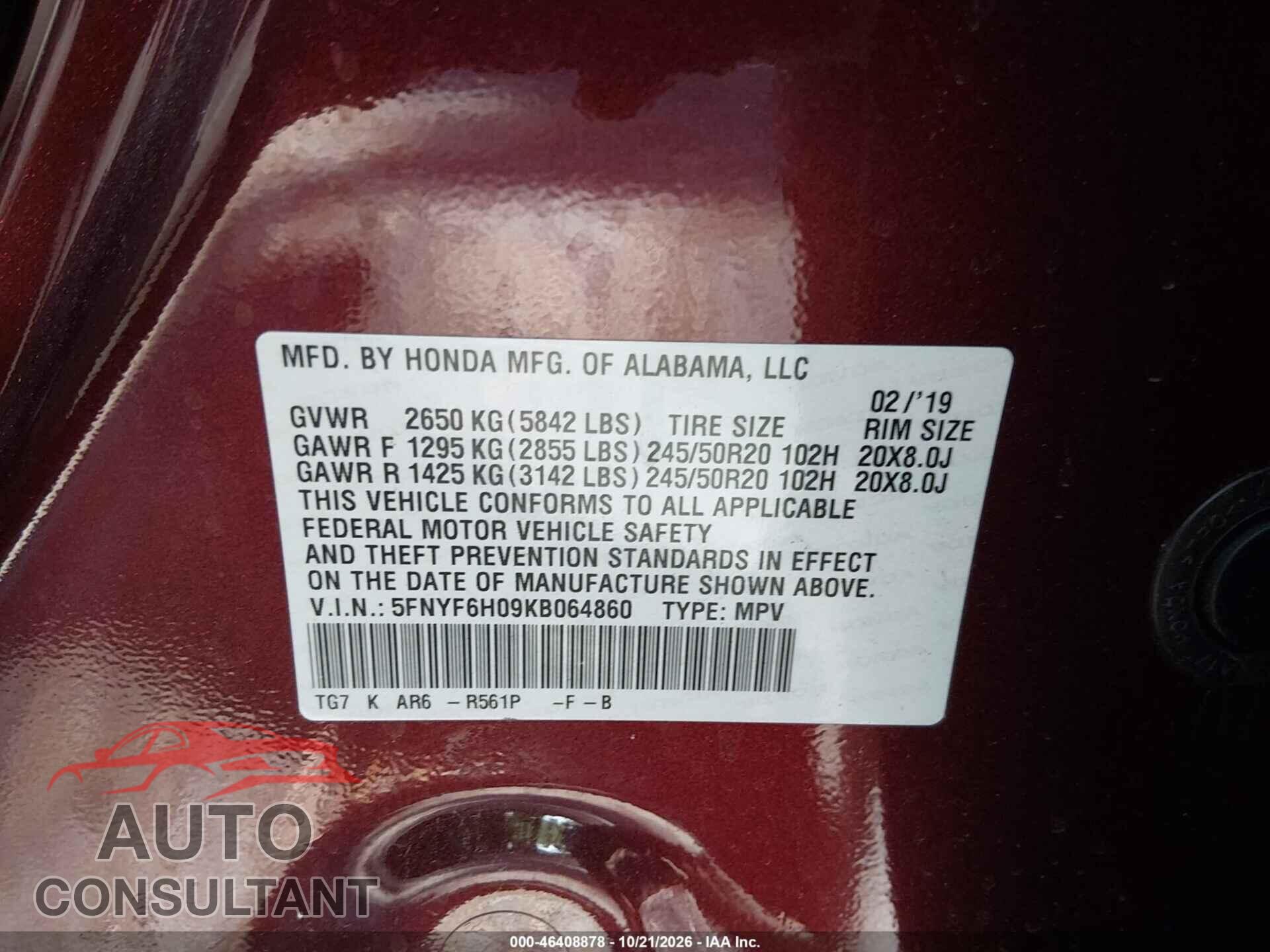 HONDA PILOT 2019 - 5FNYF6H09KB064860