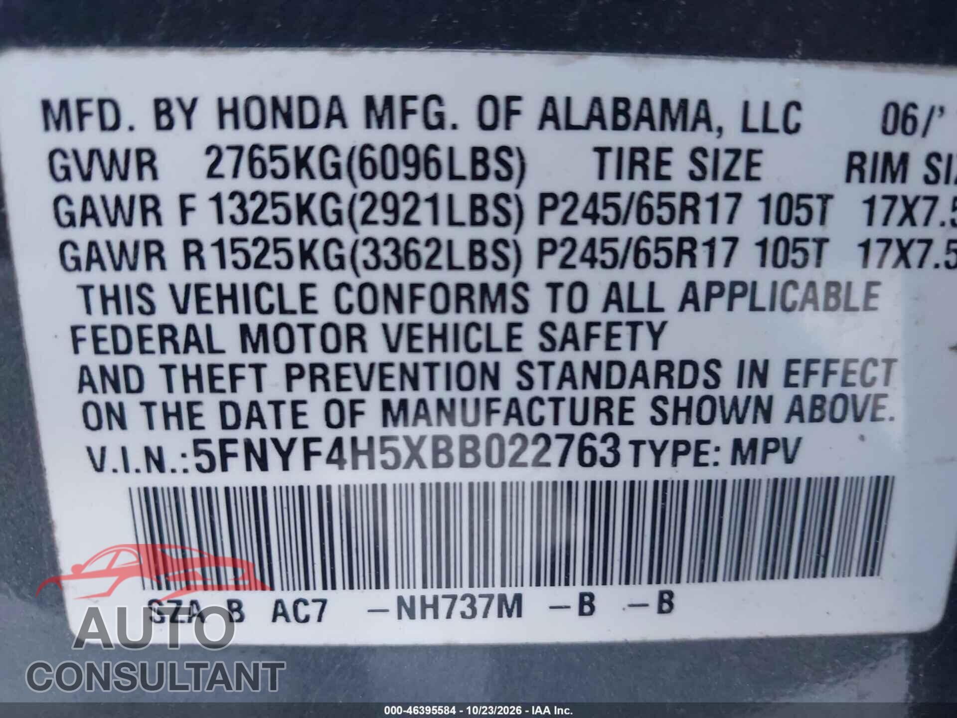 HONDA PILOT 2011 - 5FNYF4H4XBB002763