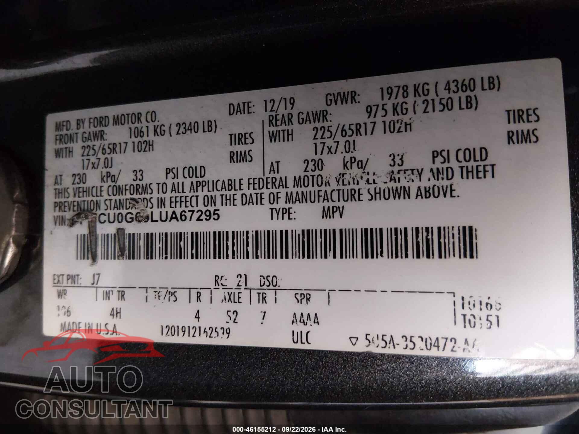 FORD ESCAPE 2020 - 1FMCU0G69LUA67295