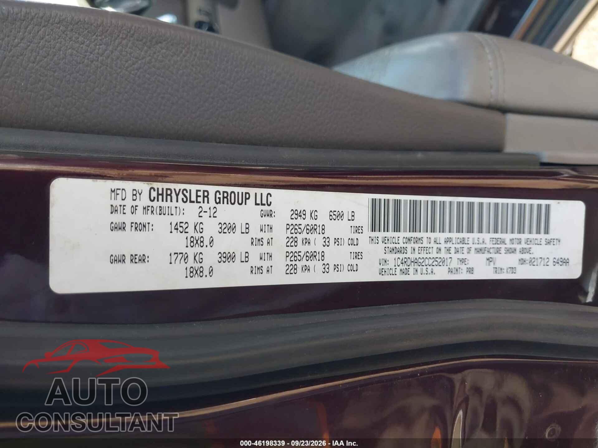 DODGE DURANGO 2012 - 1C4RDHAG2CC252017