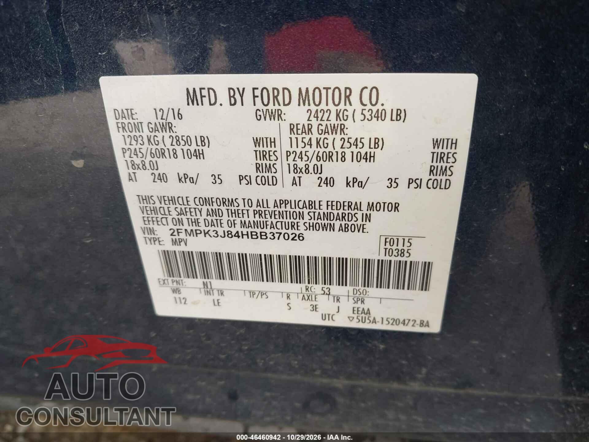 FORD EDGE 2017 - 2FMPK3J84HBB37026