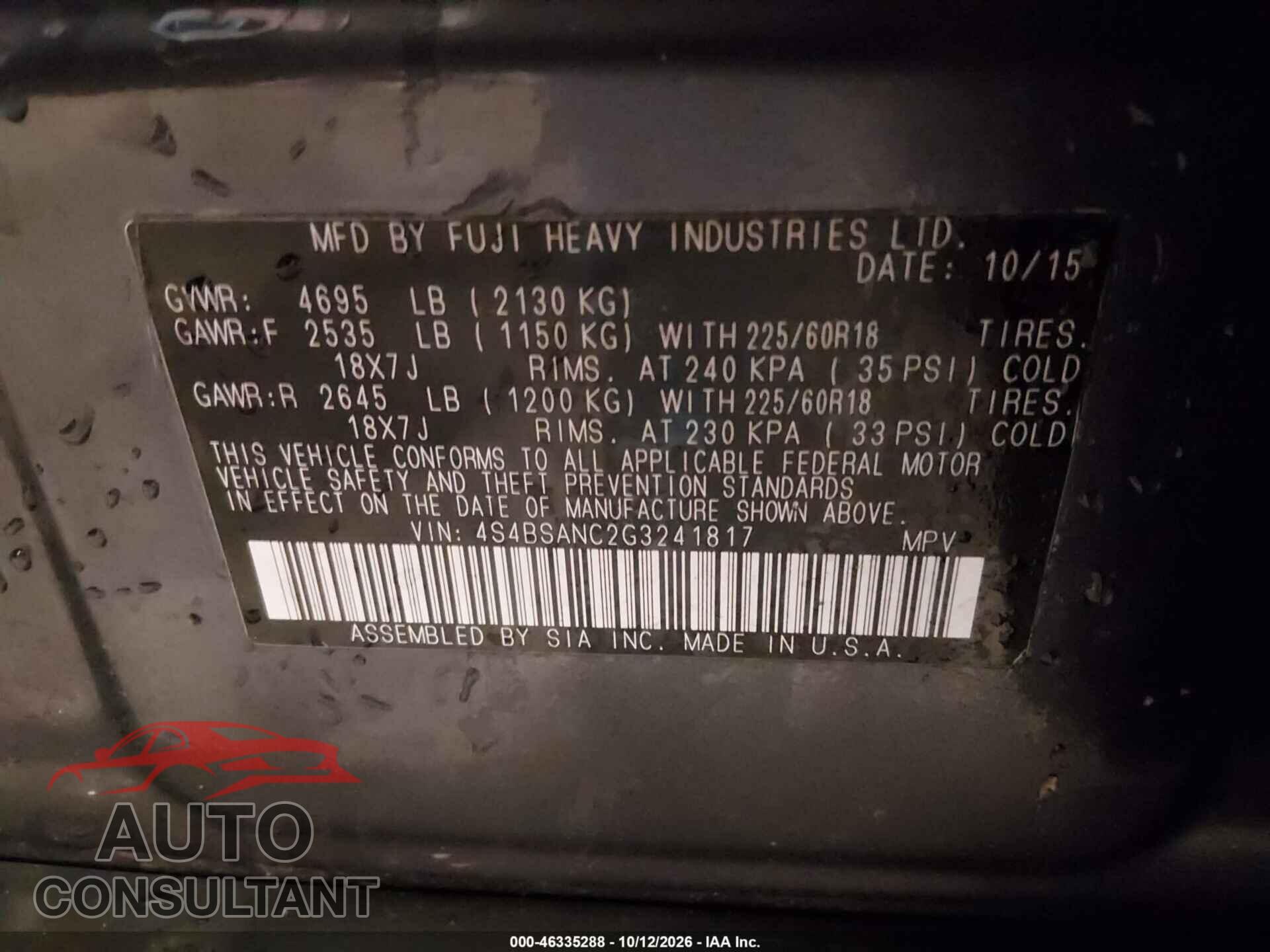SUBARU OUTBACK 2016 - 4S4BSANC2G3241817