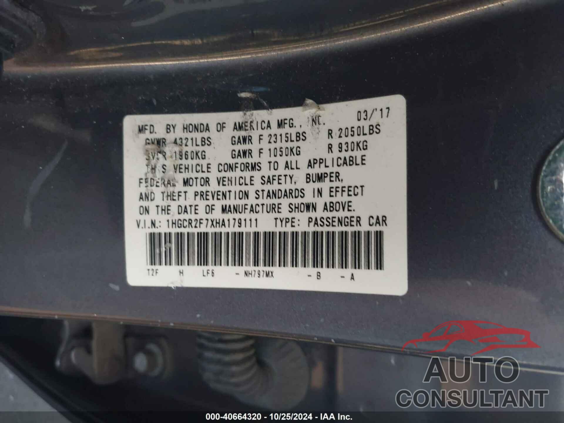 HONDA ACCORD 2017 - 1HGCR2F7XHA179111