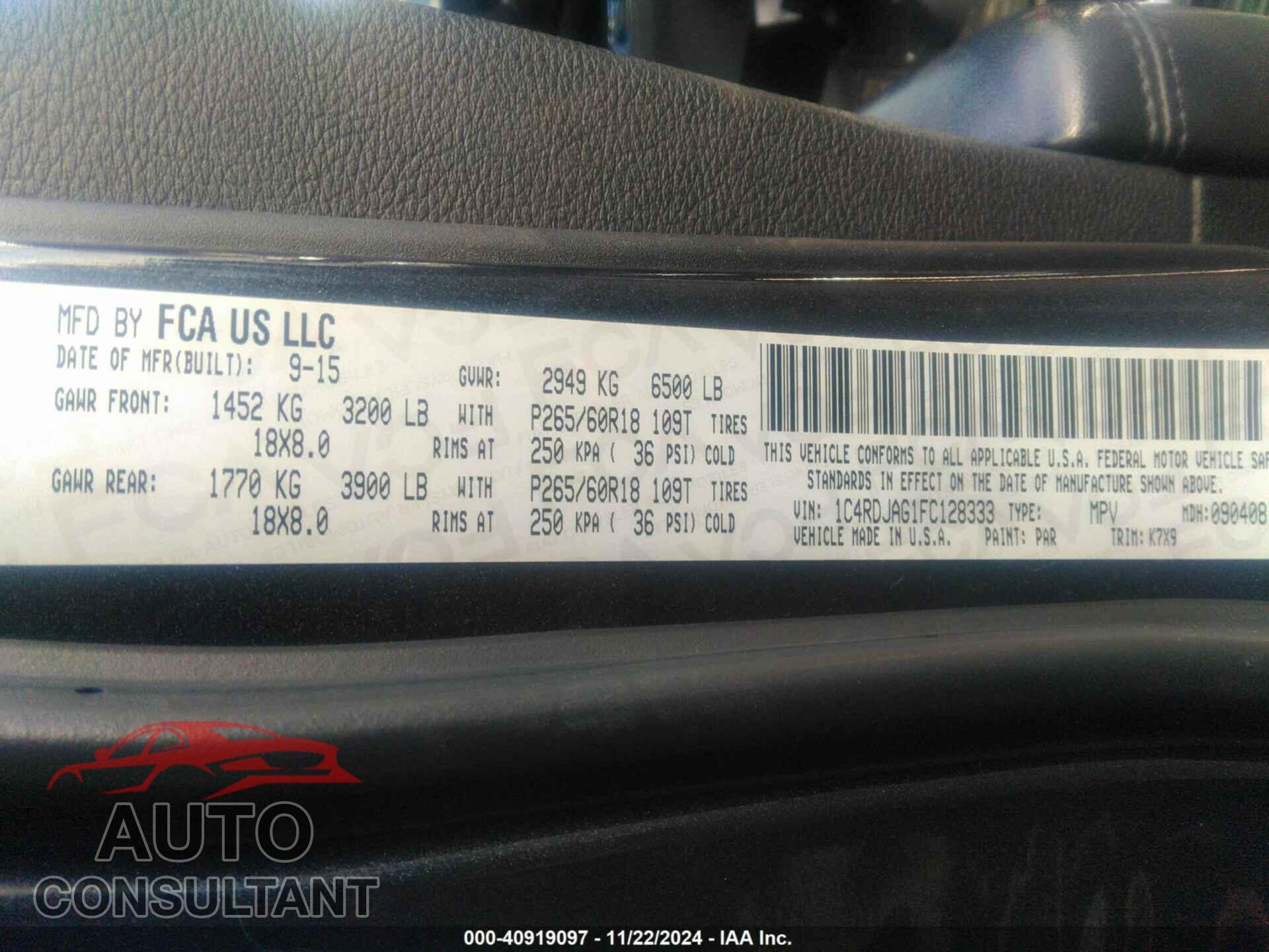 DODGE DURANGO 2015 - 1C4RDJAG1FC128333