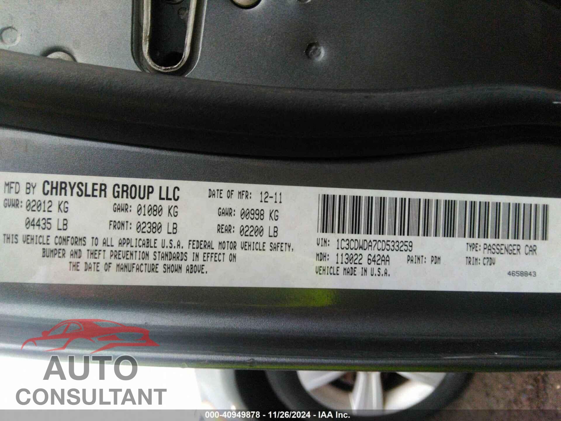 DODGE CALIBER 2012 - 1C3CDWDA7CD533259