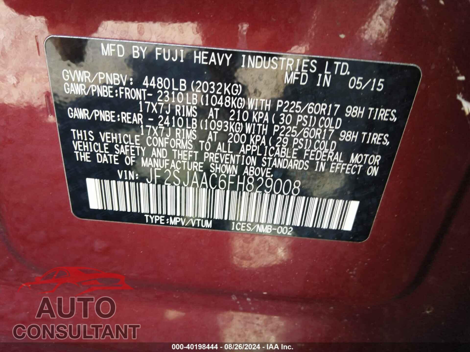 SUBARU FORESTER 2015 - JF2SJAAC6FH829008