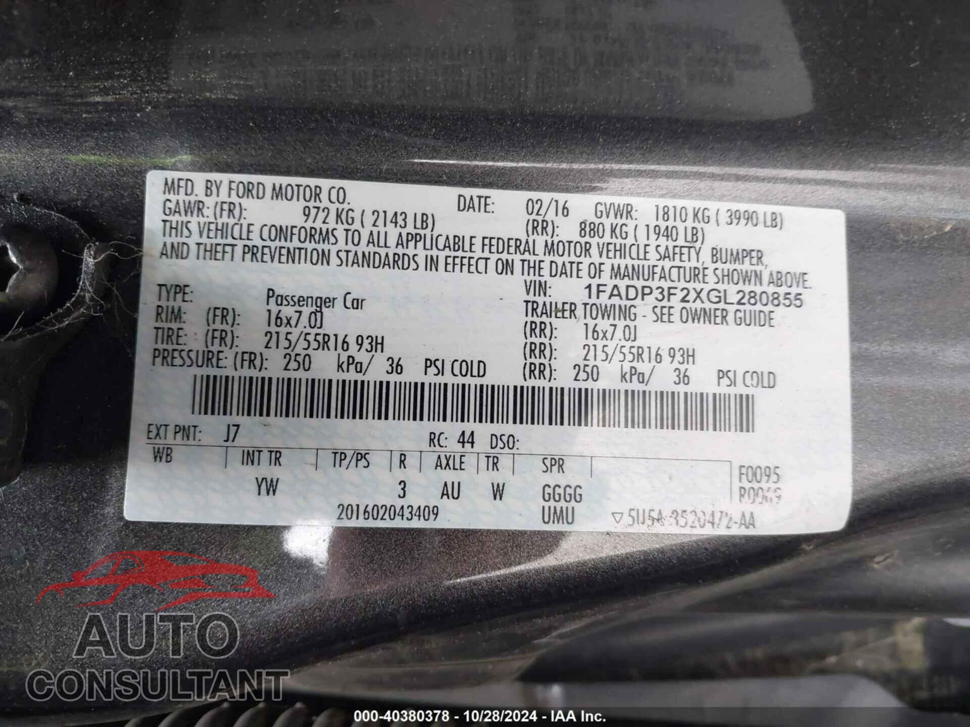 FORD FOCUS 2016 - 1FADP3F2XGL280855