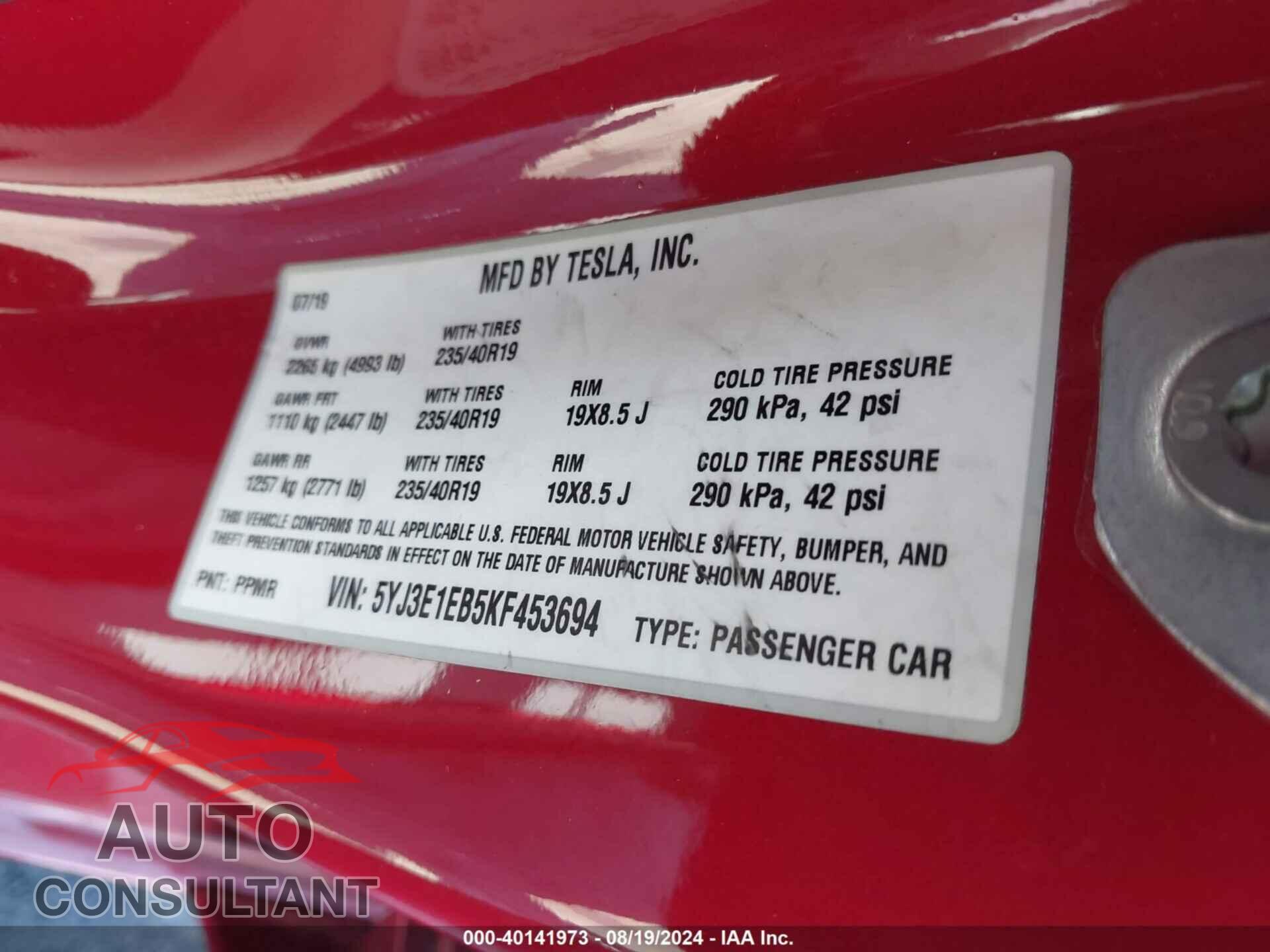 TESLA MODEL 3 2019 - 5YJ3E1EB5KF453694