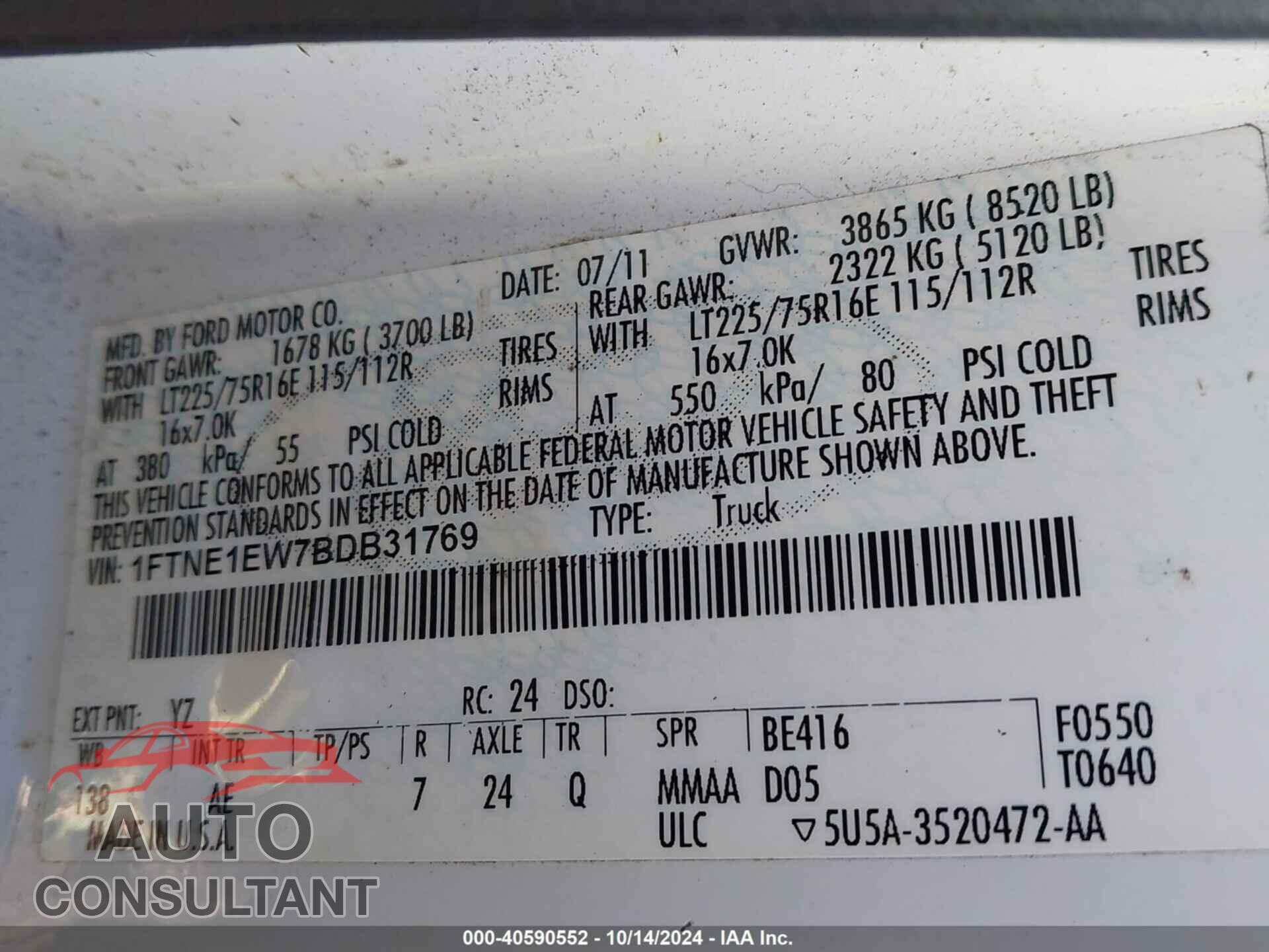 FORD E-150 2011 - 1FTNE1EW7BDB31769