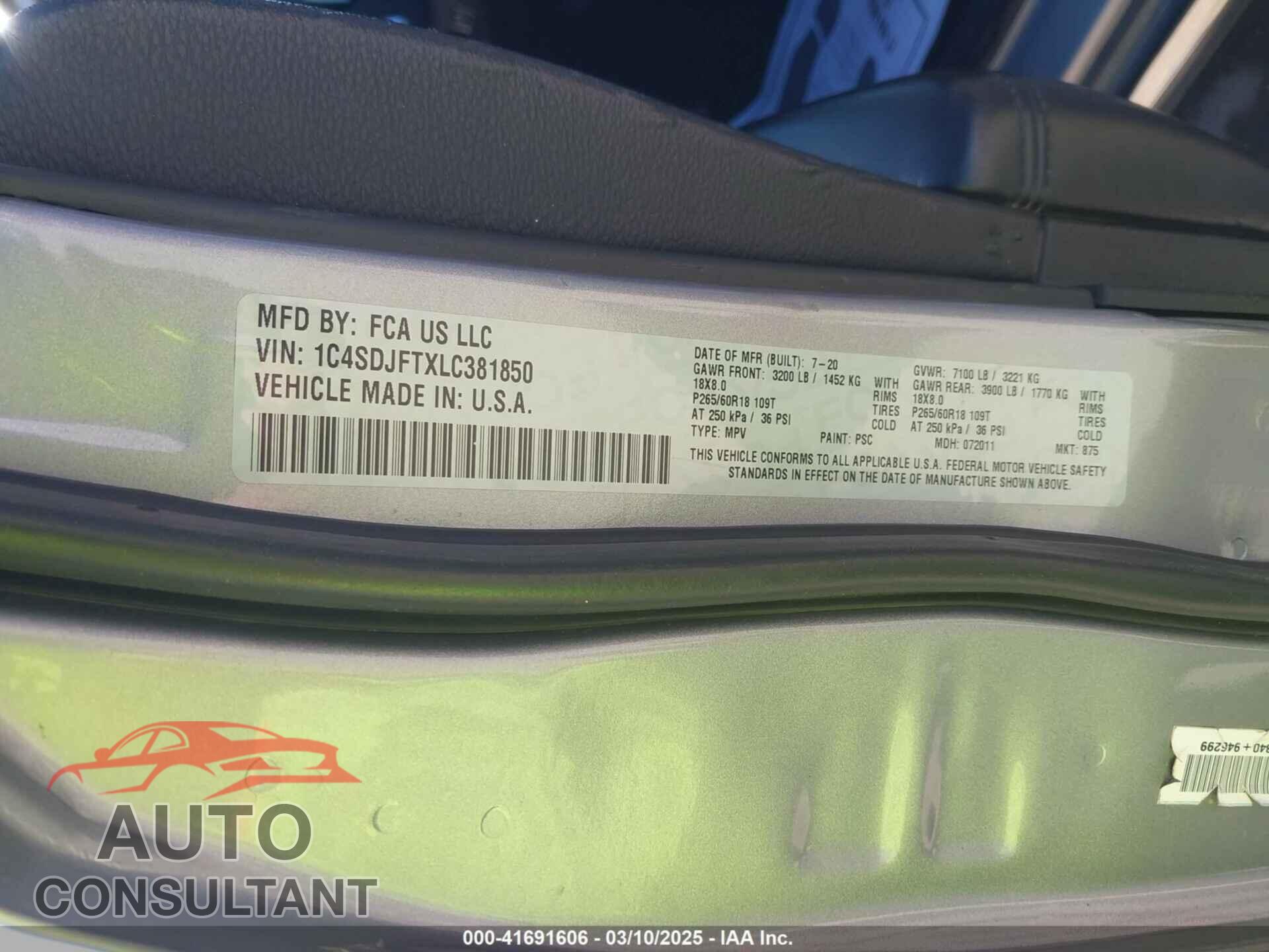 DODGE DURANGO 2020 - 1C4SDJFTXLC381850