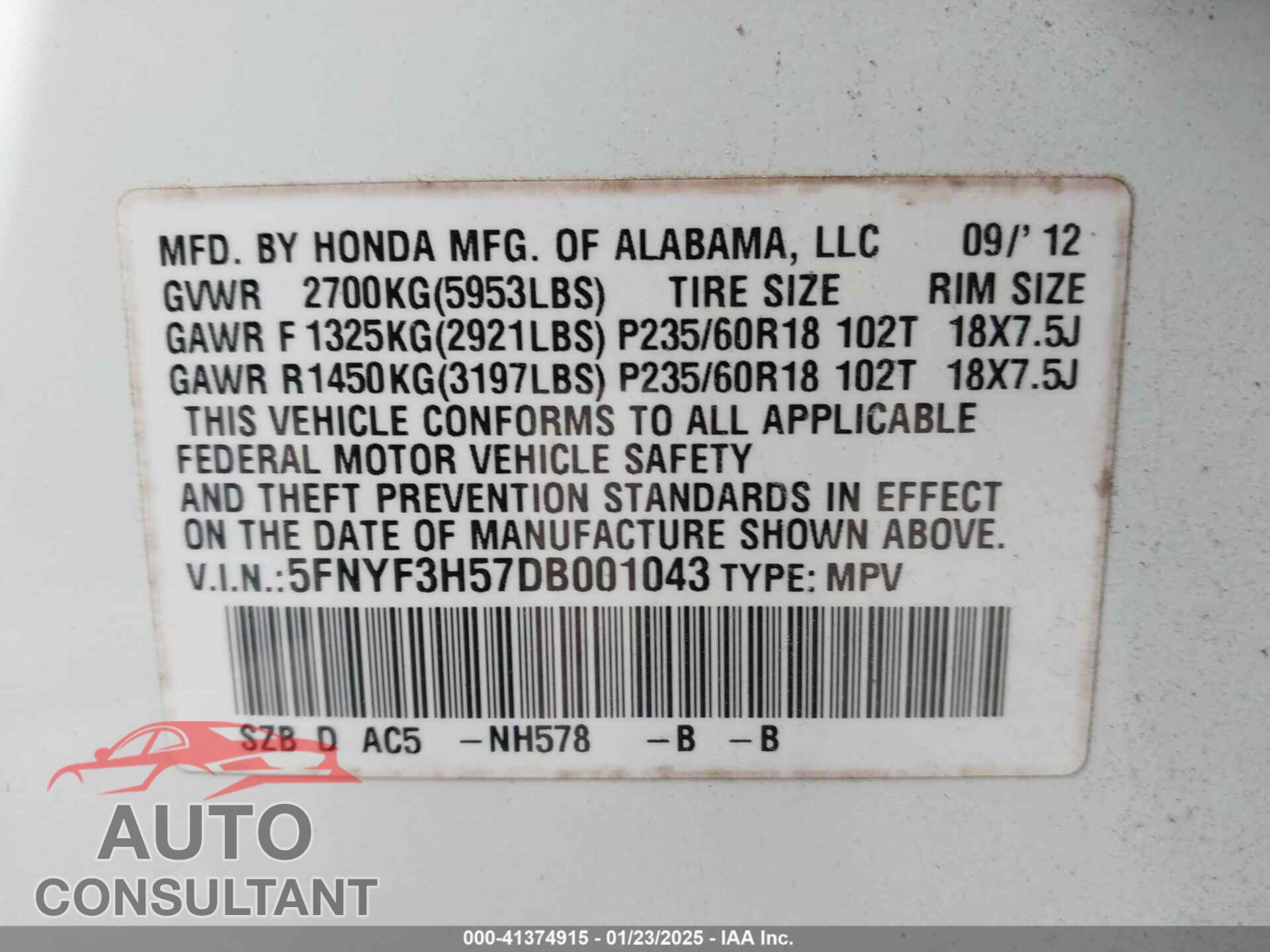 HONDA PILOT 2013 - 5FNYF3H57DB001043