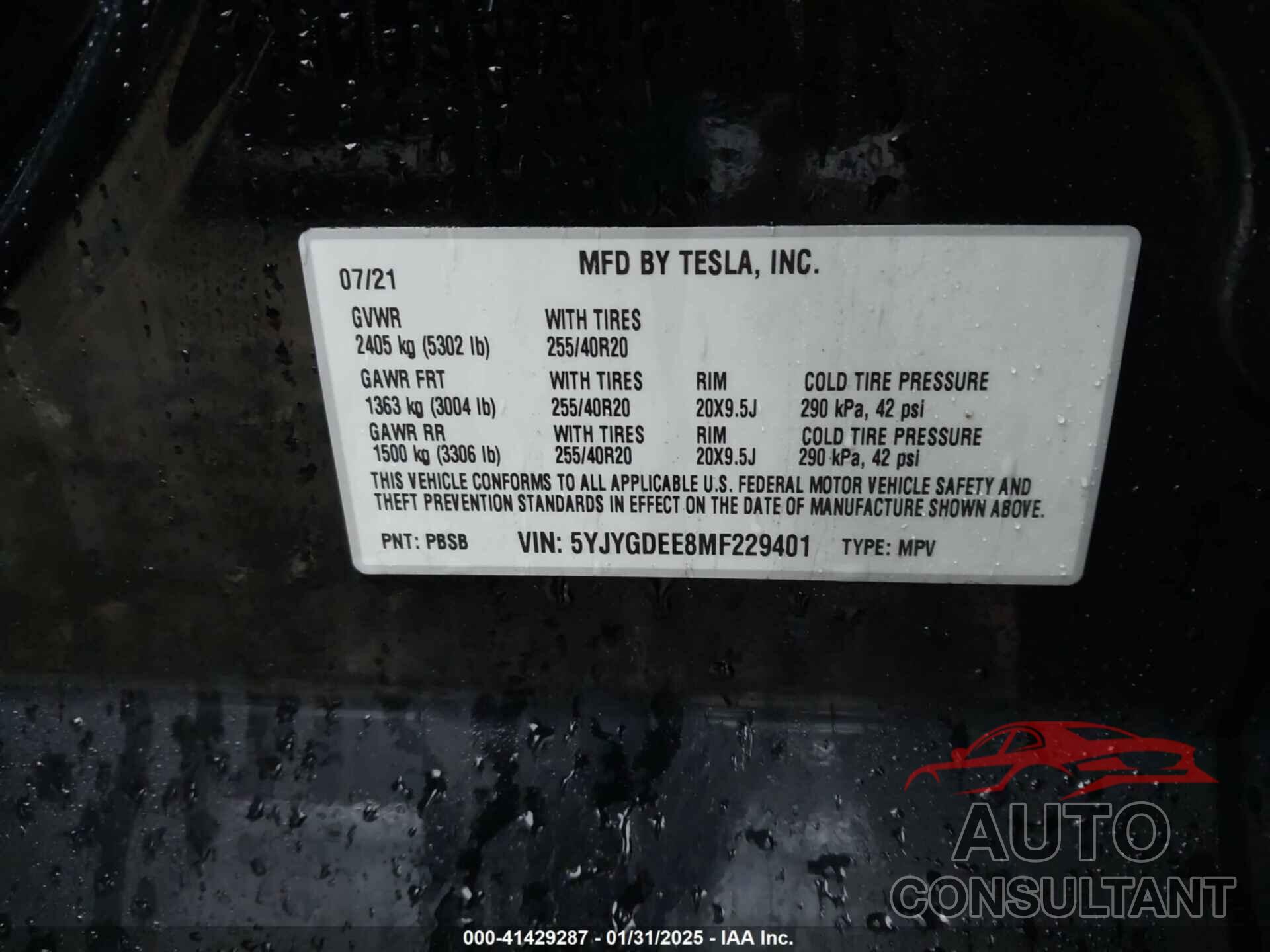 TESLA MODEL Y 2021 - 5YJYGDEE8MF229401
