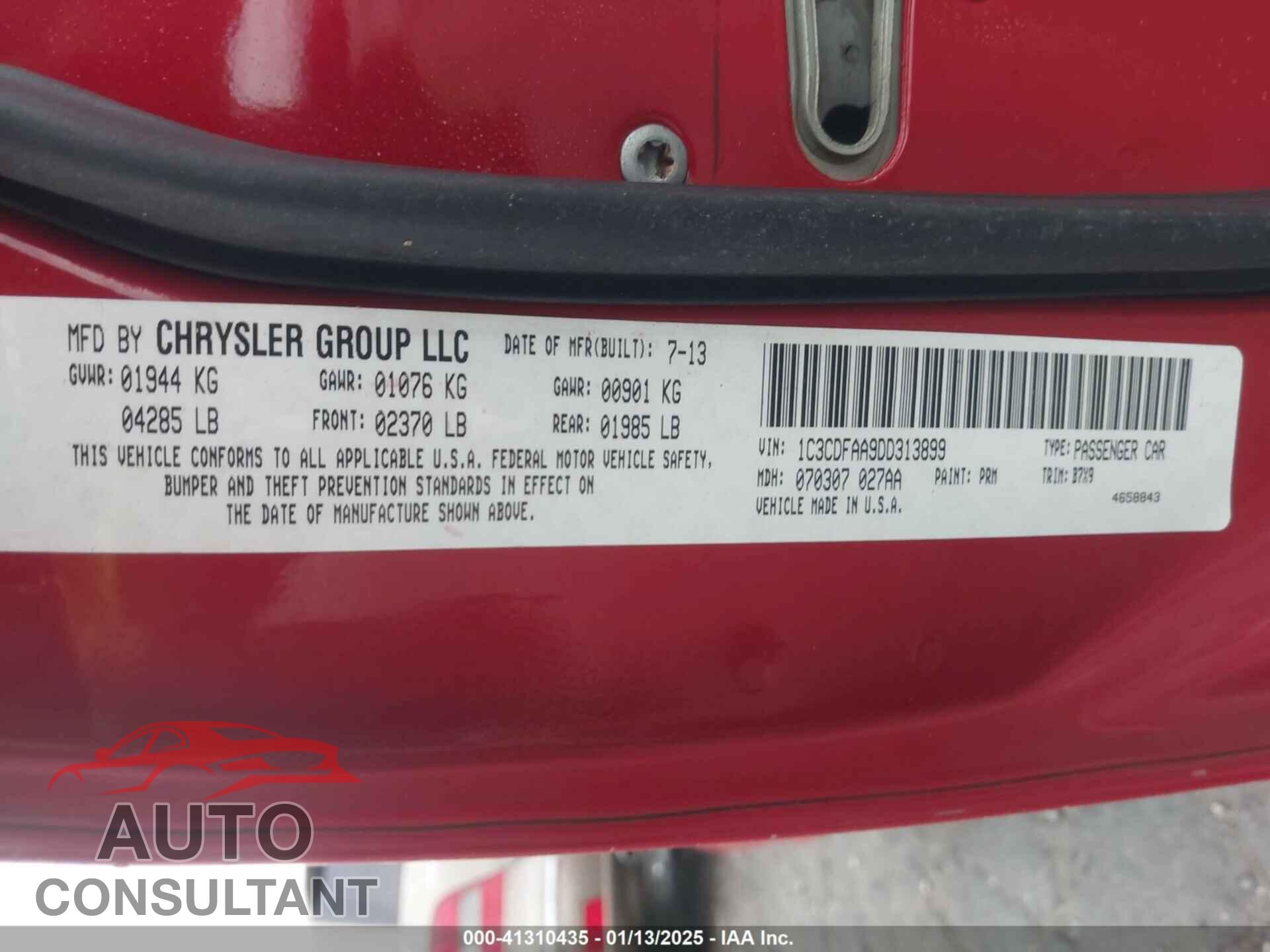 DODGE DART 2013 - 1C3CDFAA9DD313899