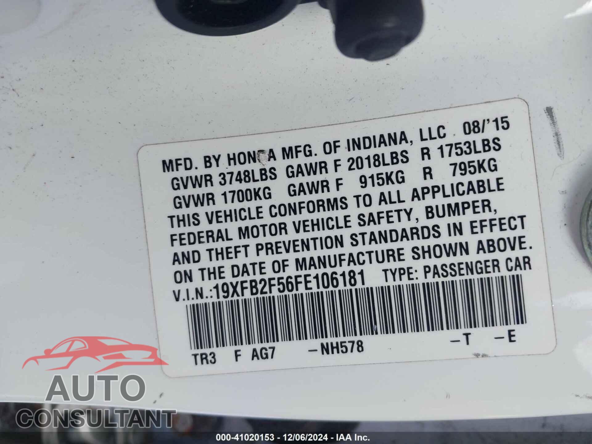 HONDA CIVIC 2015 - 19XFB2F56FE106181