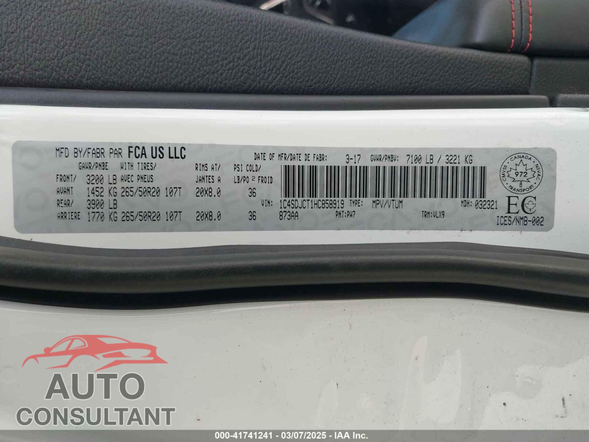 DODGE DURANGO 2017 - 1C4SDJCT1HC858919