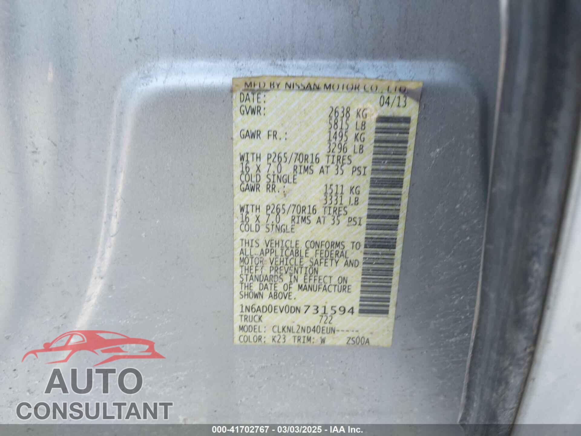 NISSAN FRONTIER 2013 - 1N6AD0EV0DN731594