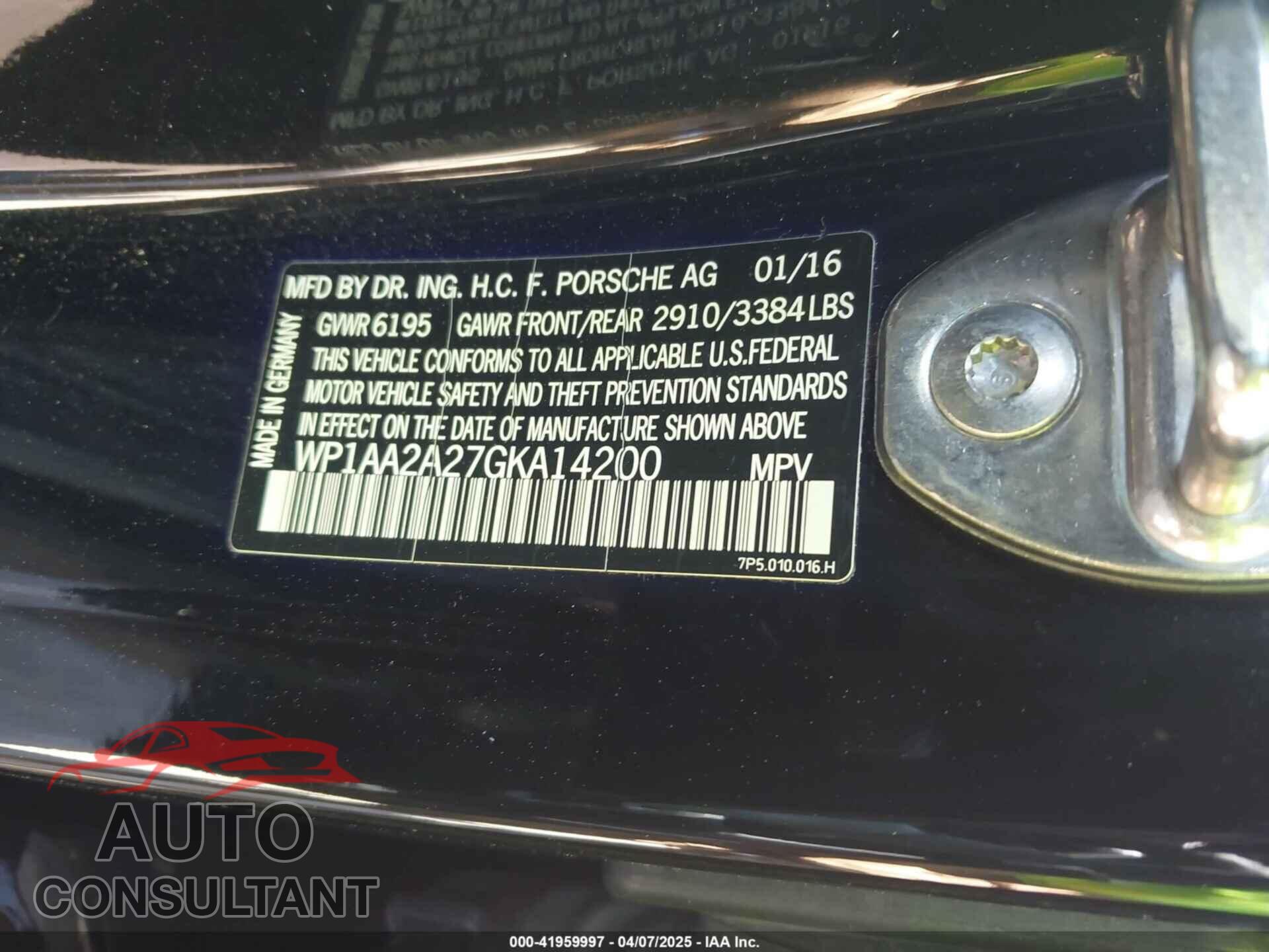 PORSCHE CAYENNE 2016 - WP1AA2A27GKA14200