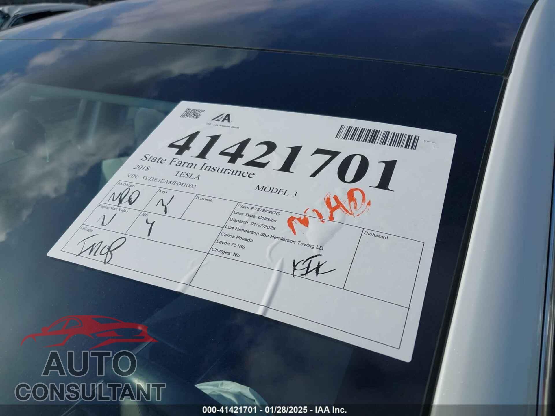 TESLA MODEL 3 2018 - 5YJ3E1EA8JF041002