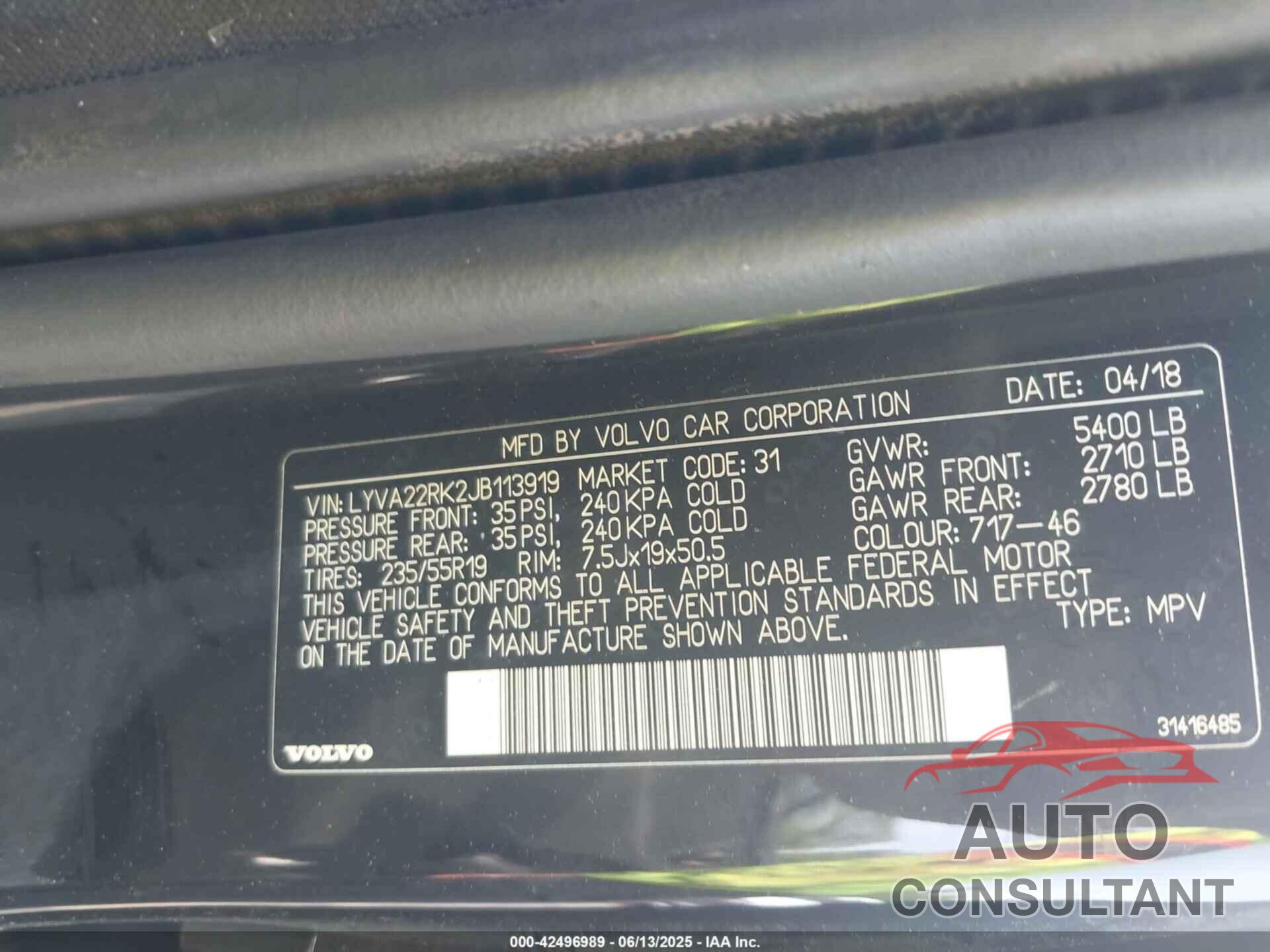 VOLVO XC60 2018 - LYVA22RK2JB113919