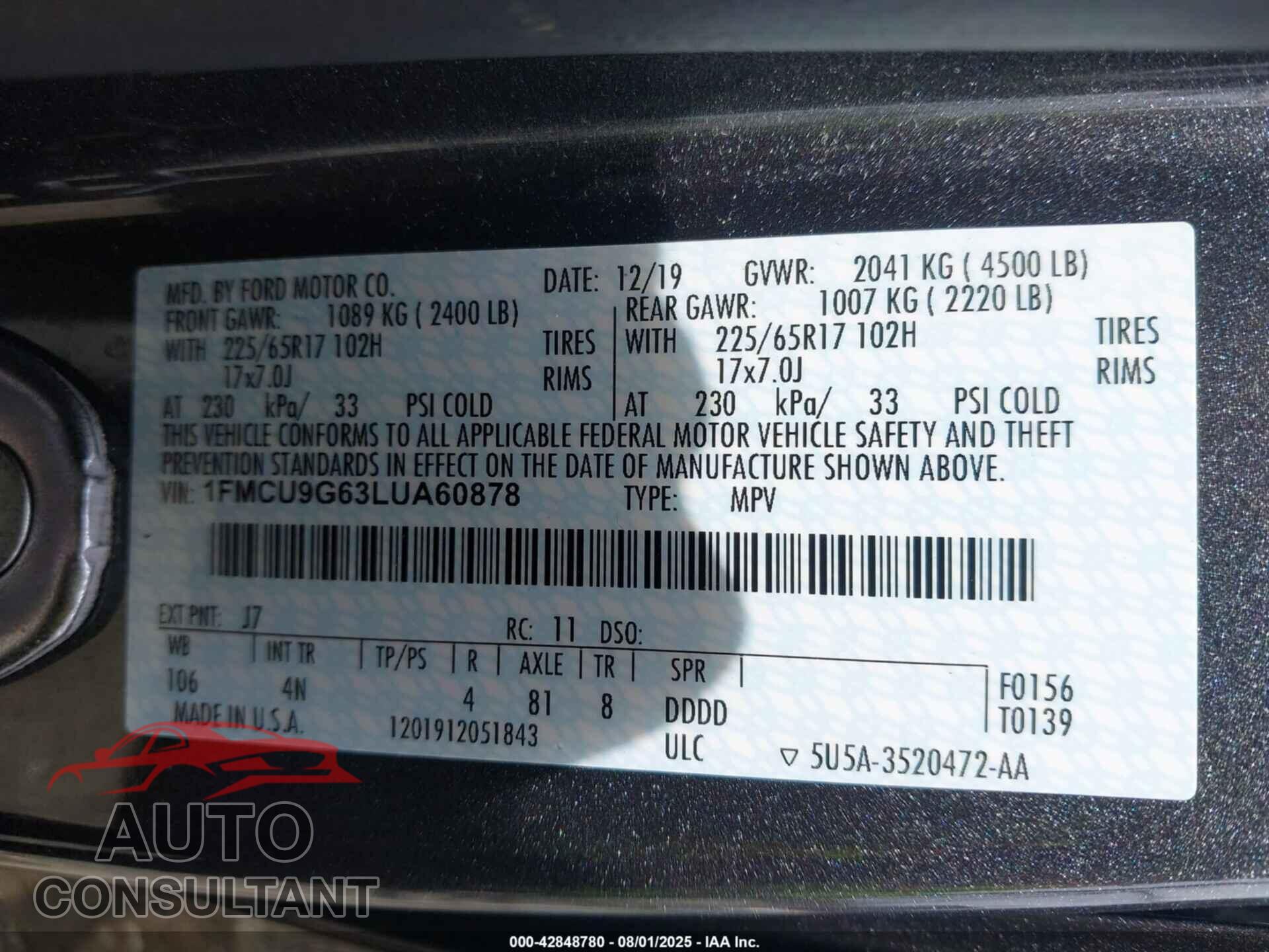 FORD ESCAPE 2020 - 1FMCU9G63LUA60878