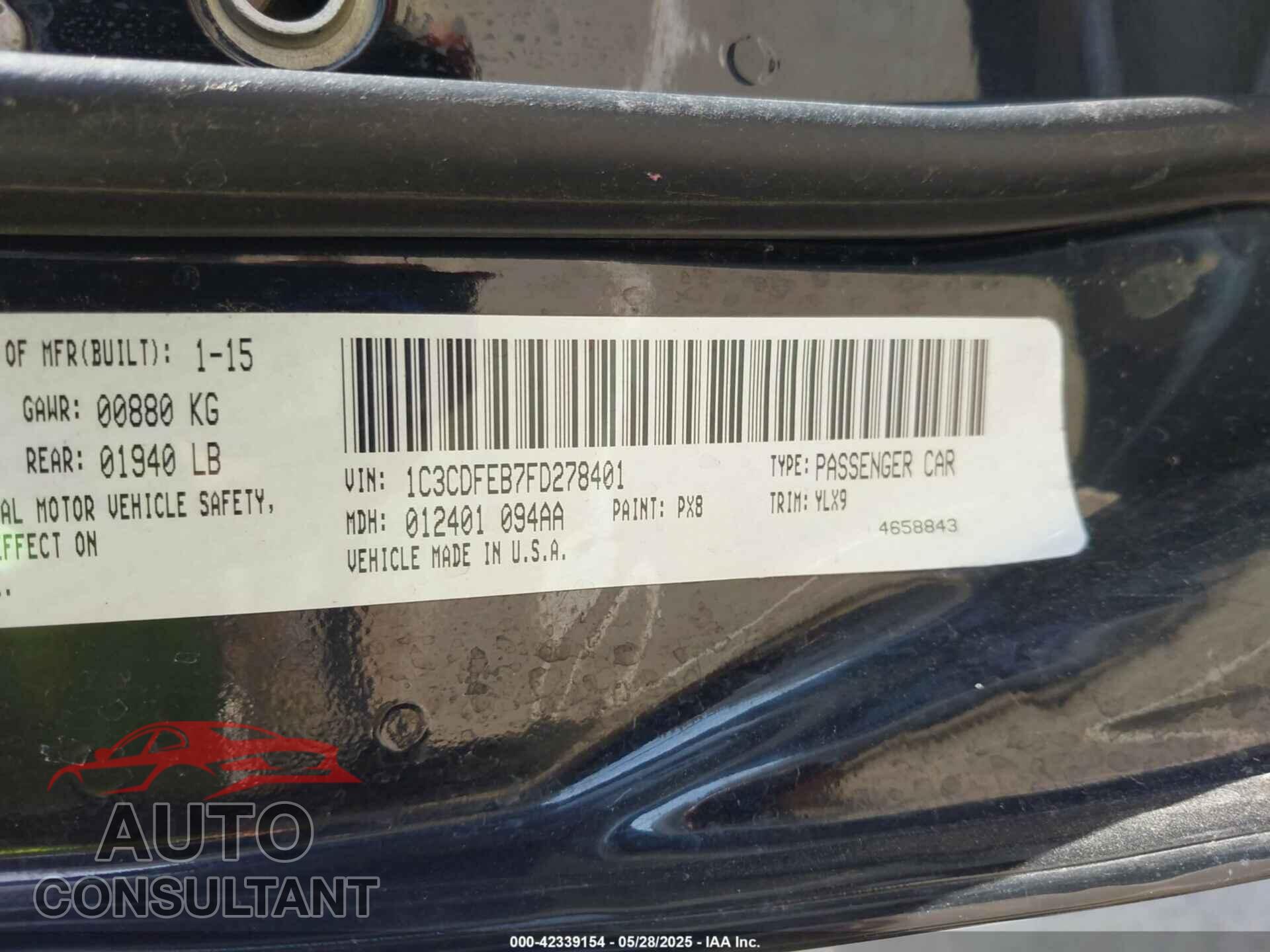 DODGE DART 2015 - 1C3CDFEB7FD278401