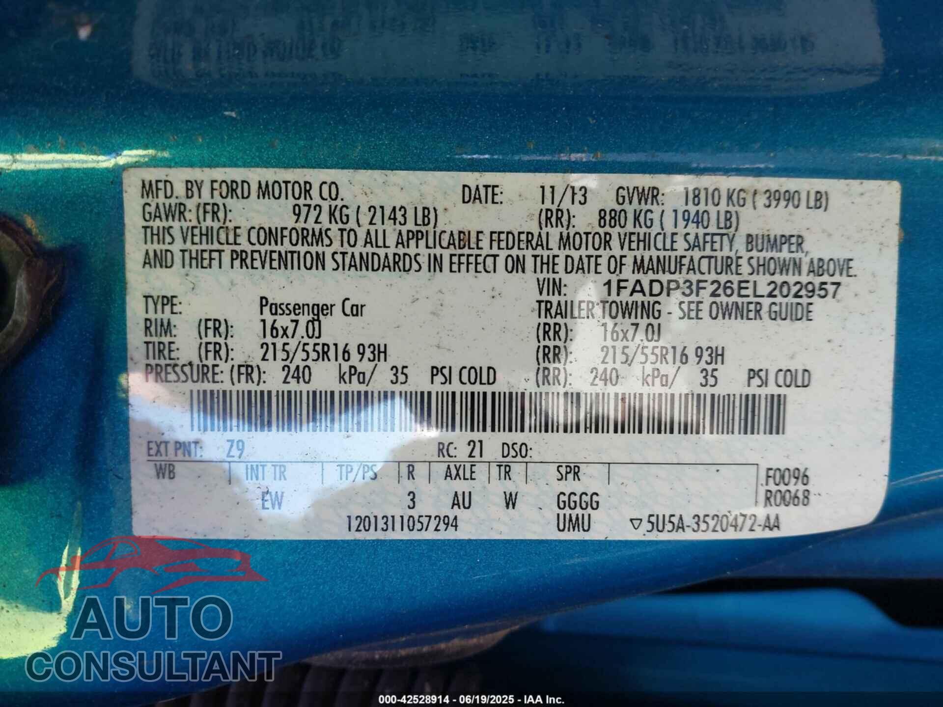 FORD FOCUS 2014 - 1FADP3F26EL202957