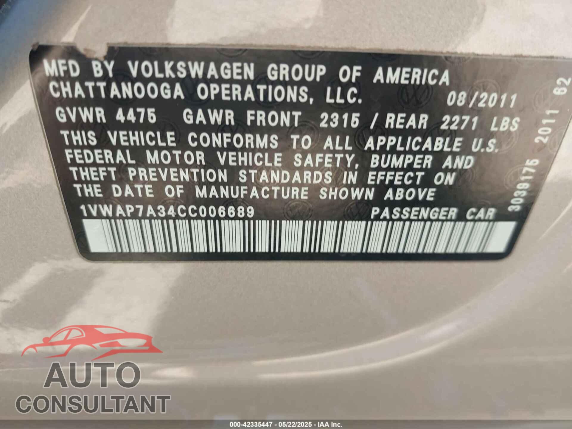 VOLKSWAGEN PASSAT 2012 - 1VWAP7A34CC006689
