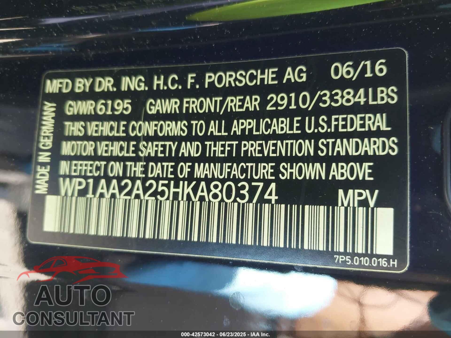 PORSCHE CAYENNE 2017 - WP1AA2A25HKA80374