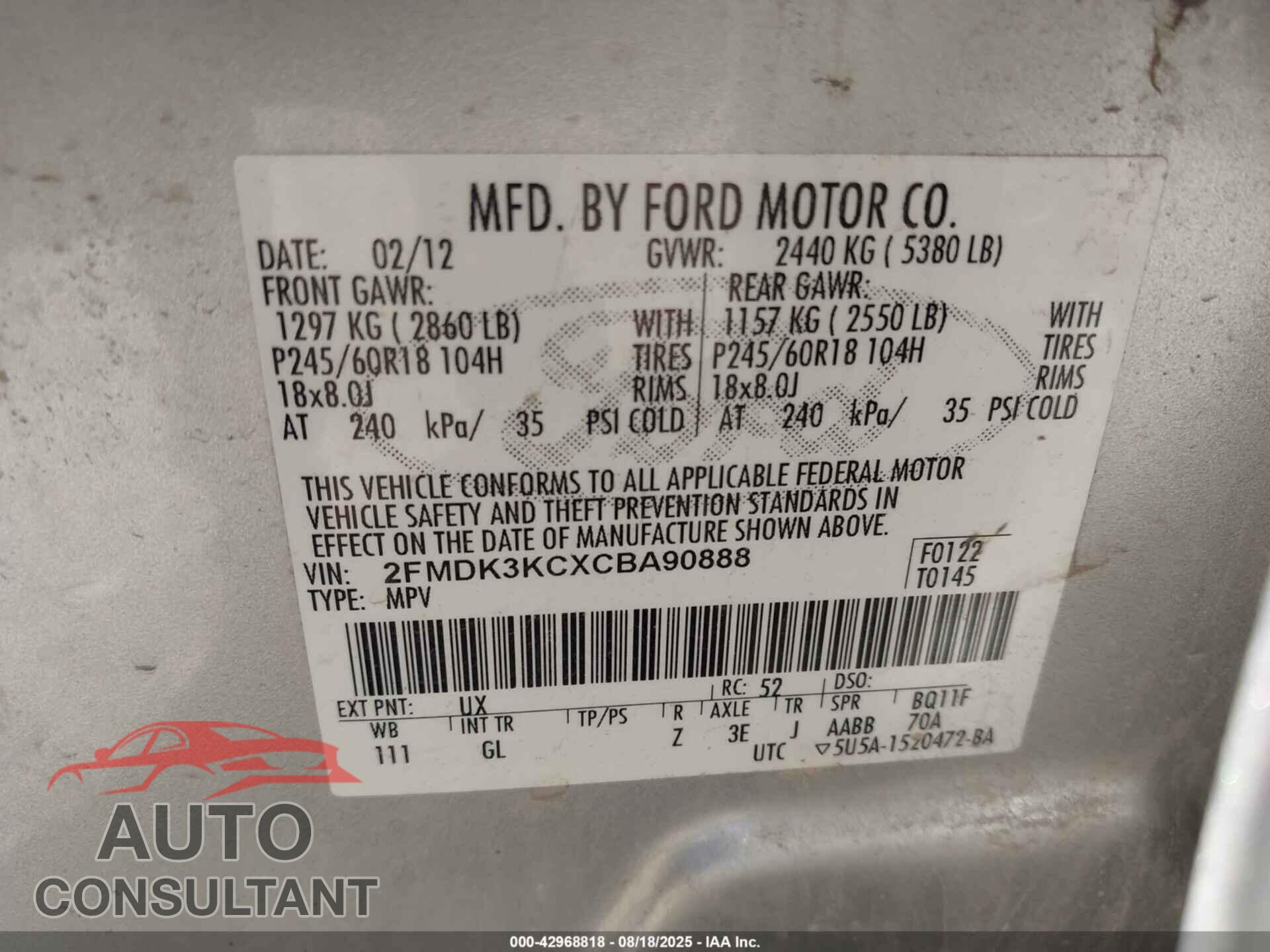 FORD EDGE 2012 - 2FMDK3KCXCBA90888