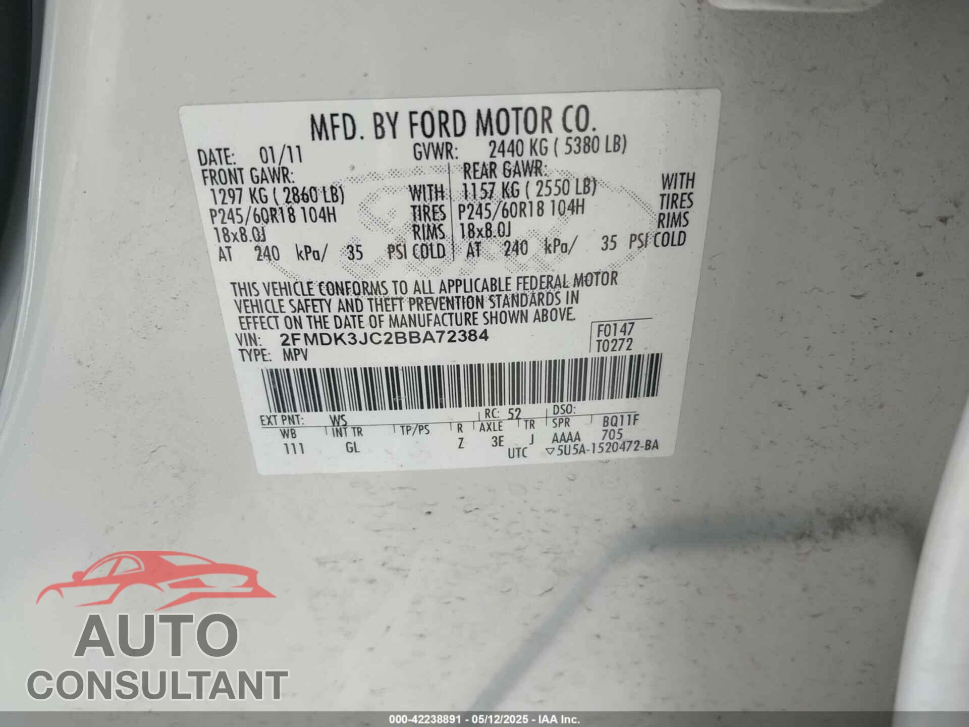 FORD EDGE 2011 - 2FMDK3JC2BBA72384