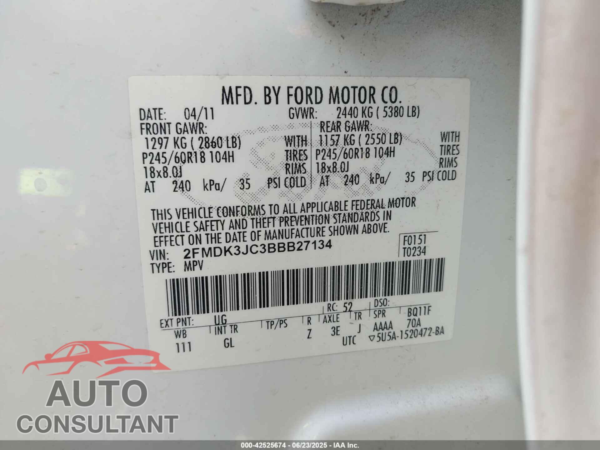 FORD EDGE 2011 - 2FMDK3JC3BBB27134