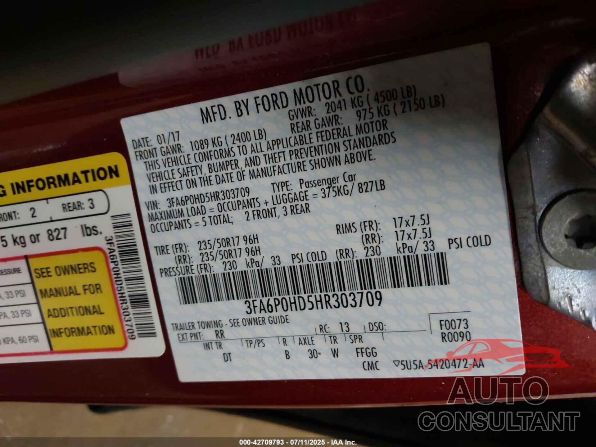 FORD FUSION 2017 - 3FA6P0HD5HR303709