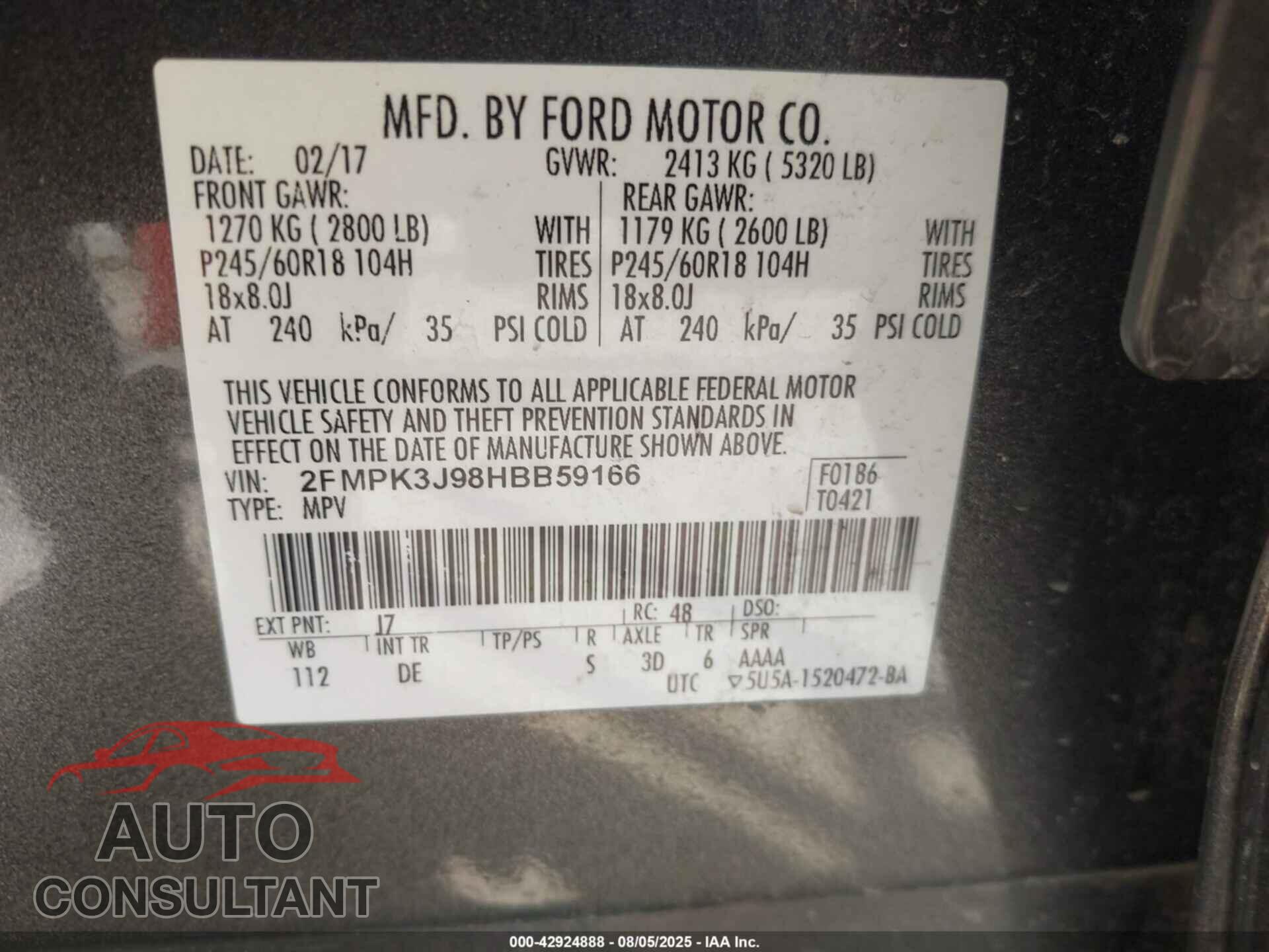 FORD EDGE 2017 - 2FMPK3J98HBB59166