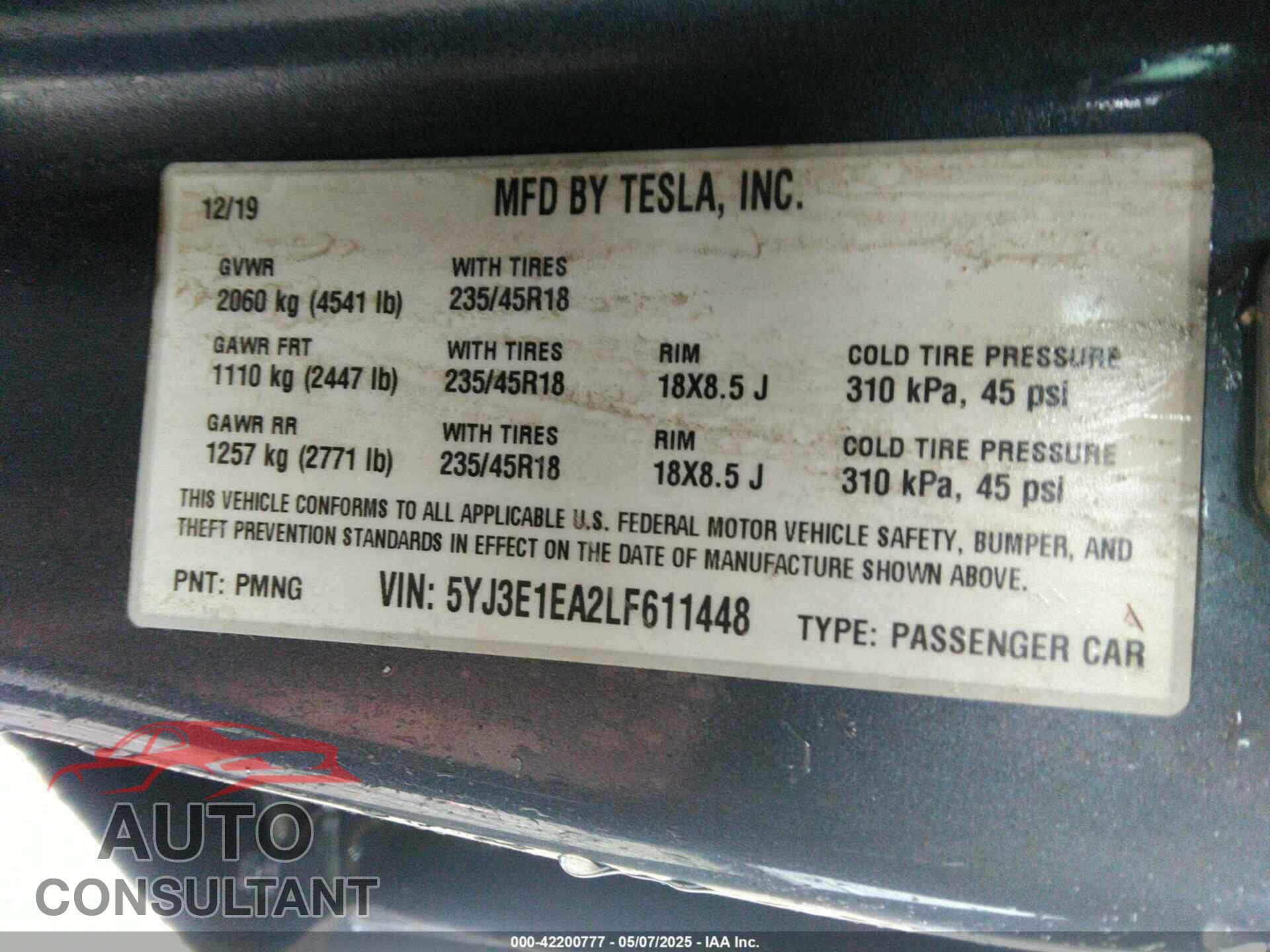 TESLA MODEL 3 2020 - 5YJ3E1EA2LF611448