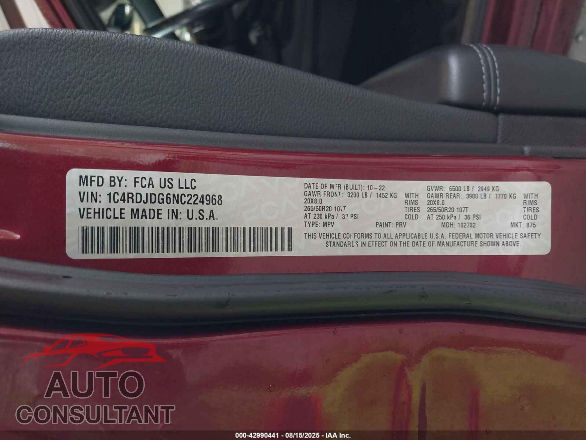 DODGE DURANGO 2022 - 1C4RDJDG6NC224968