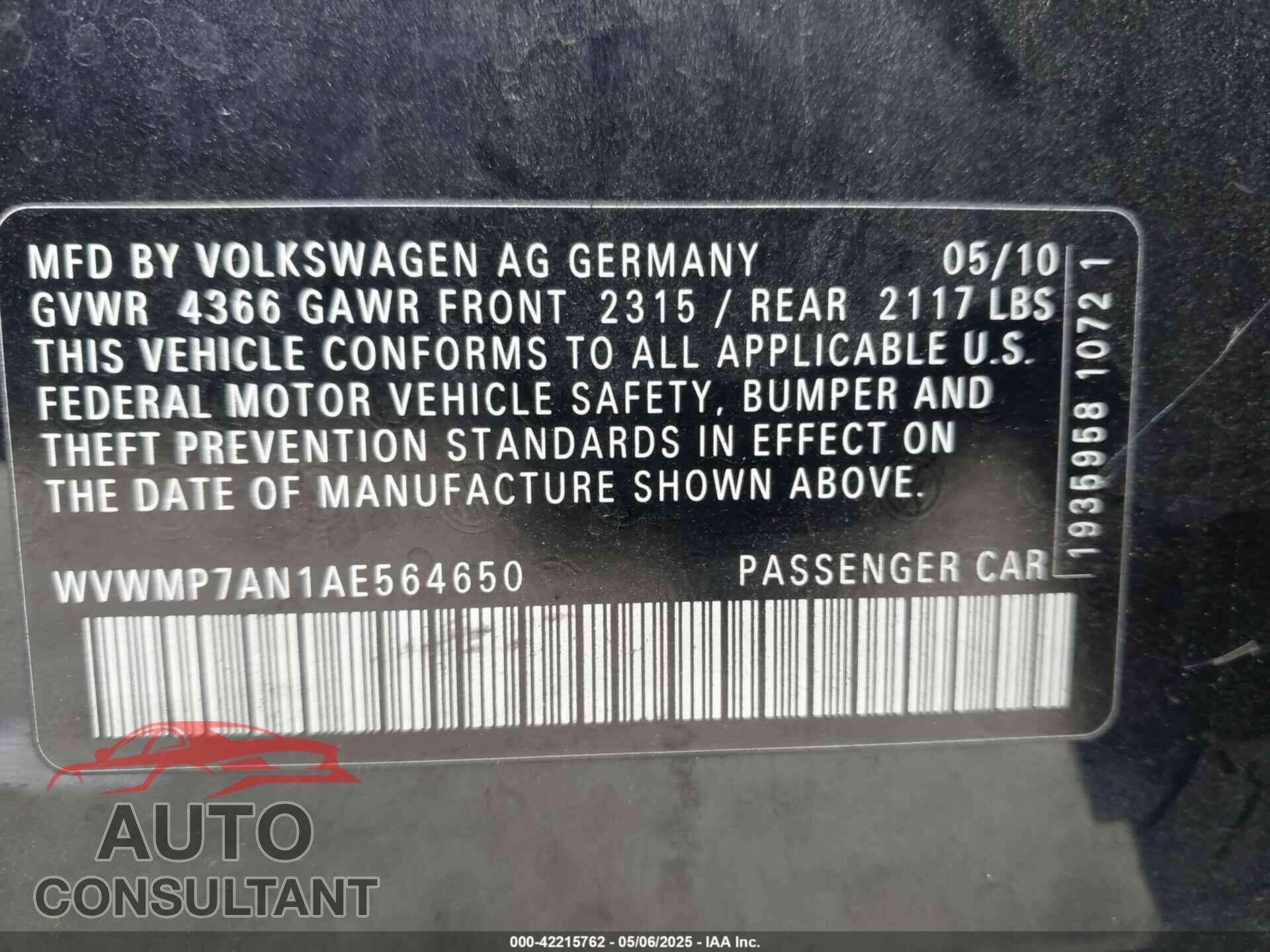 VOLKSWAGEN CC 2010 - WVWMP7AN1AE564650