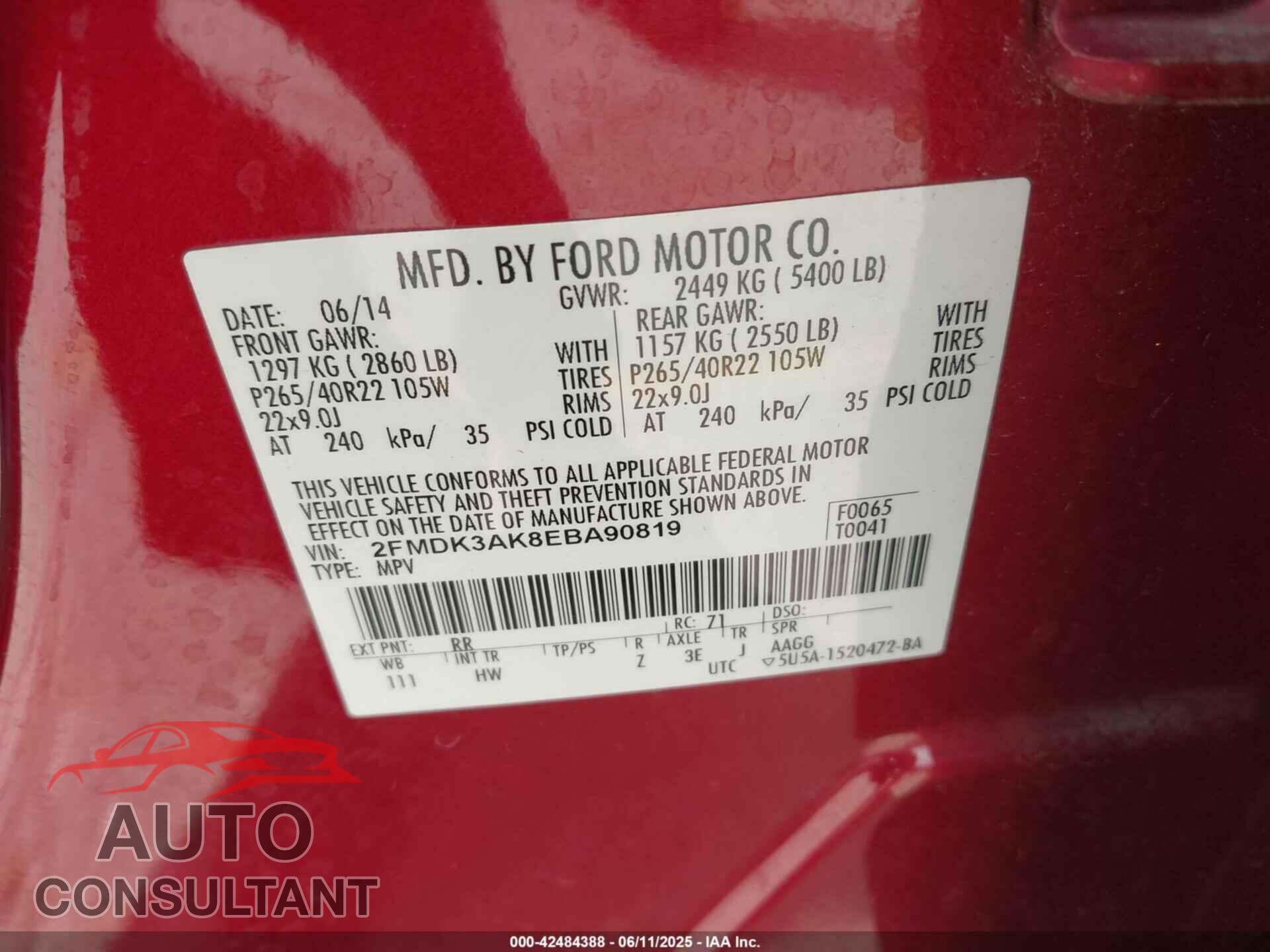 FORD EDGE 2014 - 2FMDK3AK8EBA90819